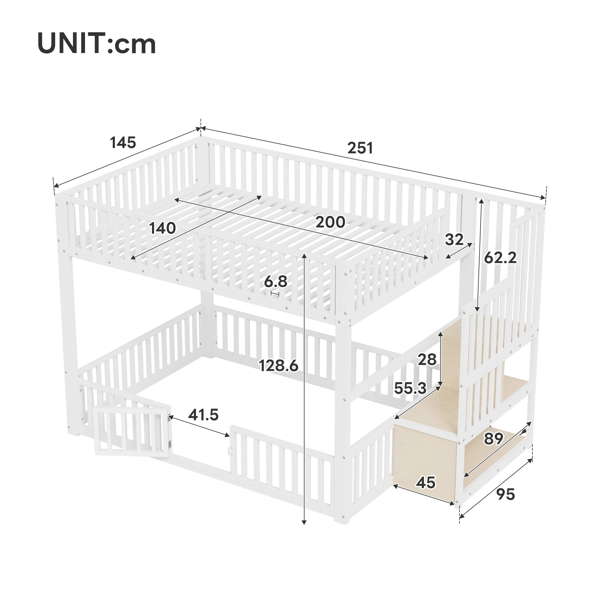 Bunk Bed with Storage Ladder and LED, 140x200cm, White - Image 6