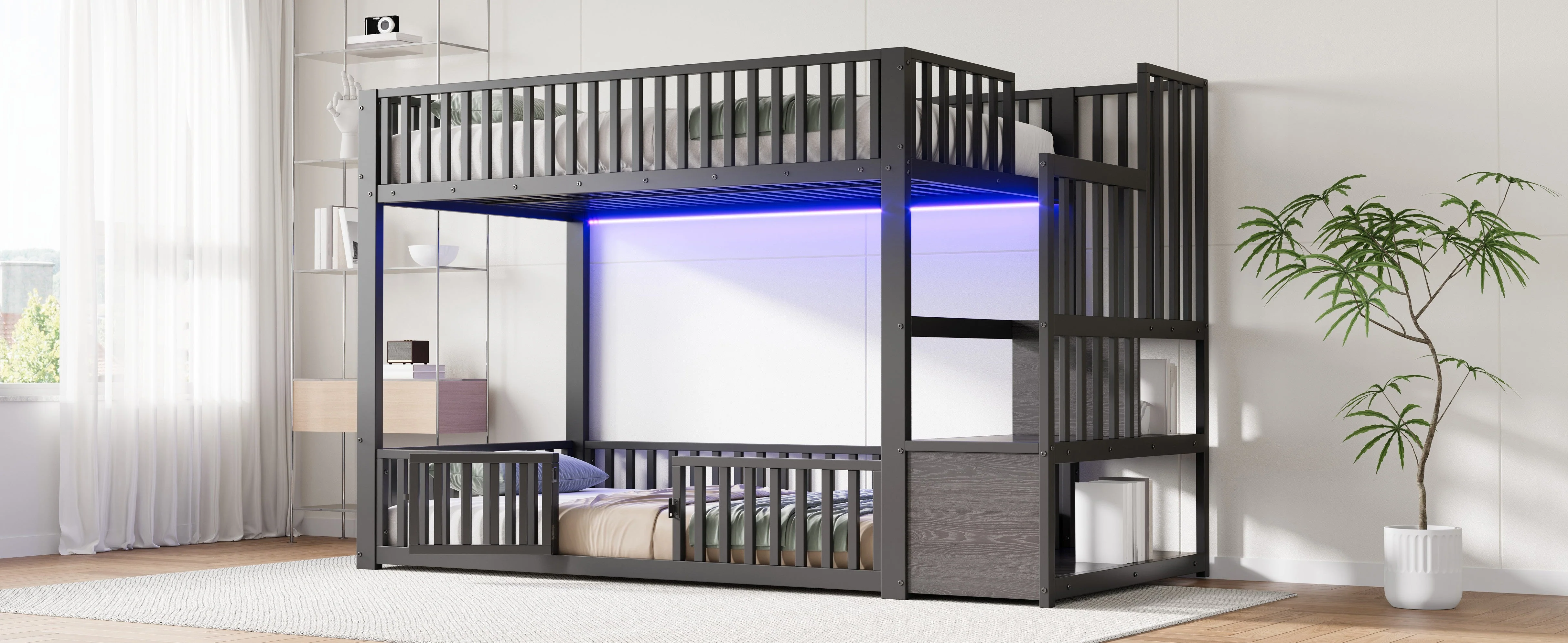 Bunk Bed with Storage Ladder and LED, 90x200cm, Black Metal - Image 9