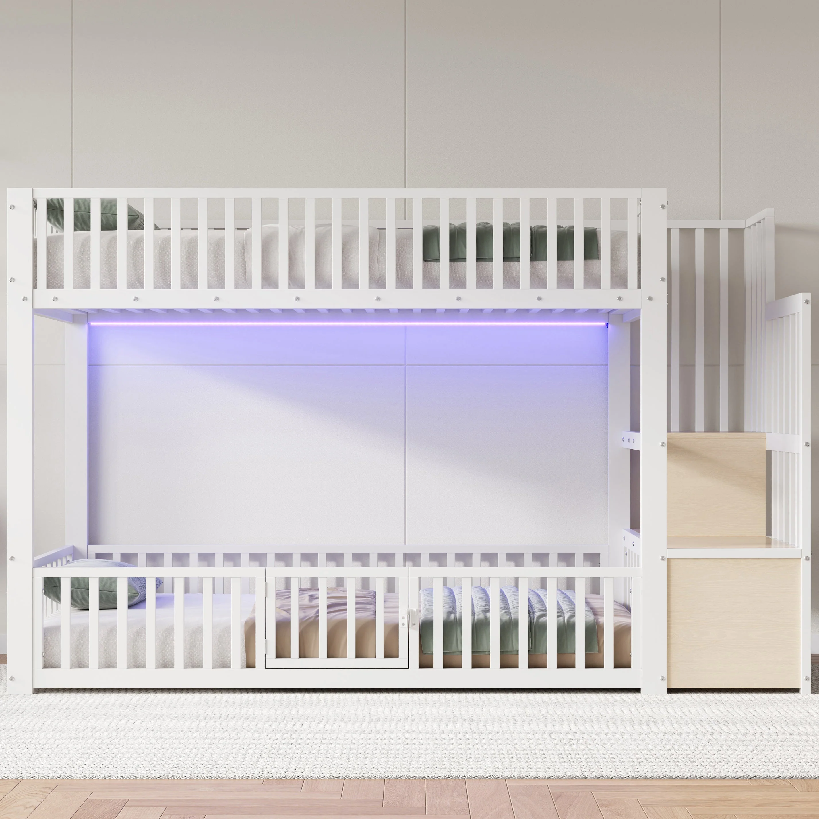 Bunk Bed with Storage Ladder and LED, 90x200cm, White - Image 3