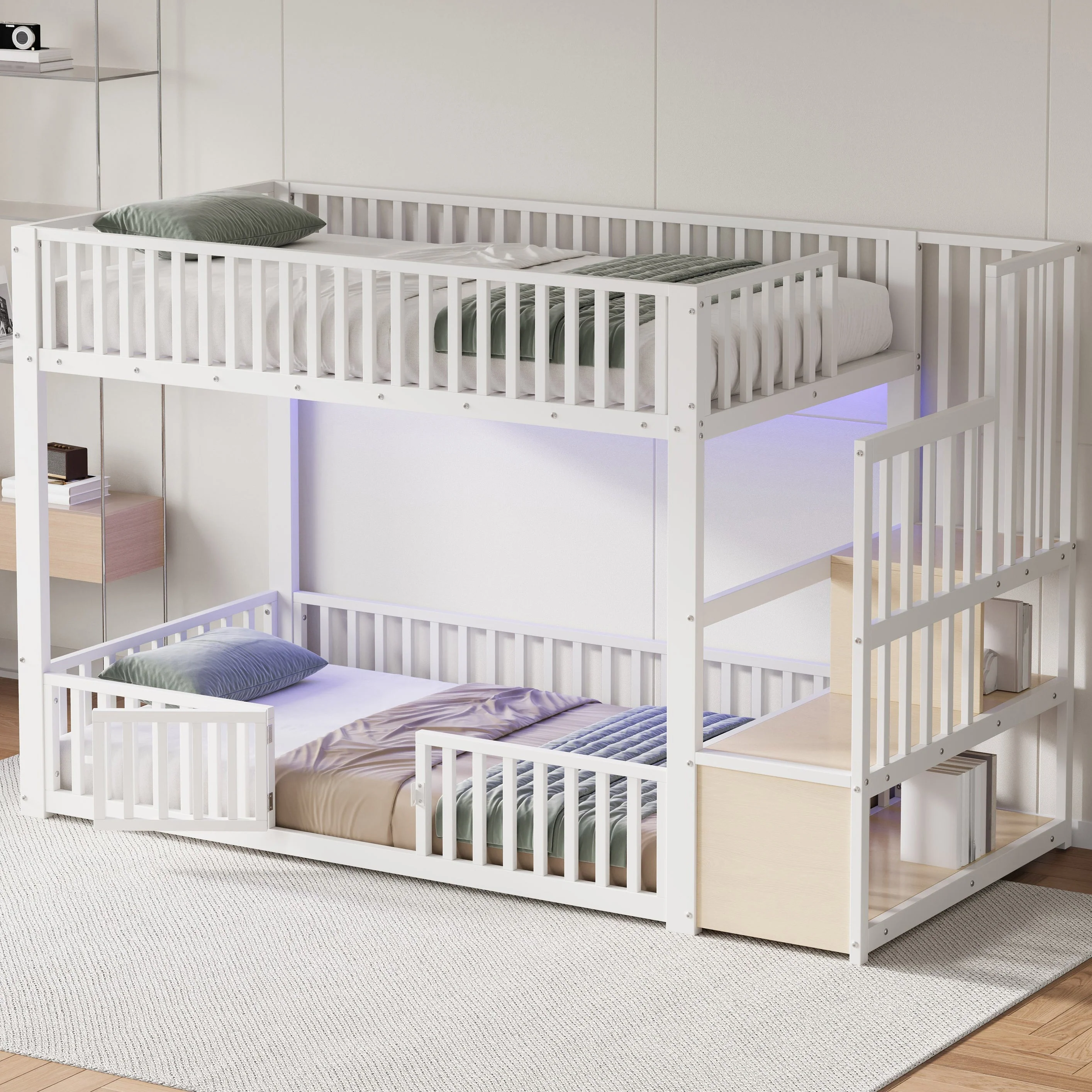 Bunk Bed with Storage Ladder and LED, 90x200cm, White - Image 4