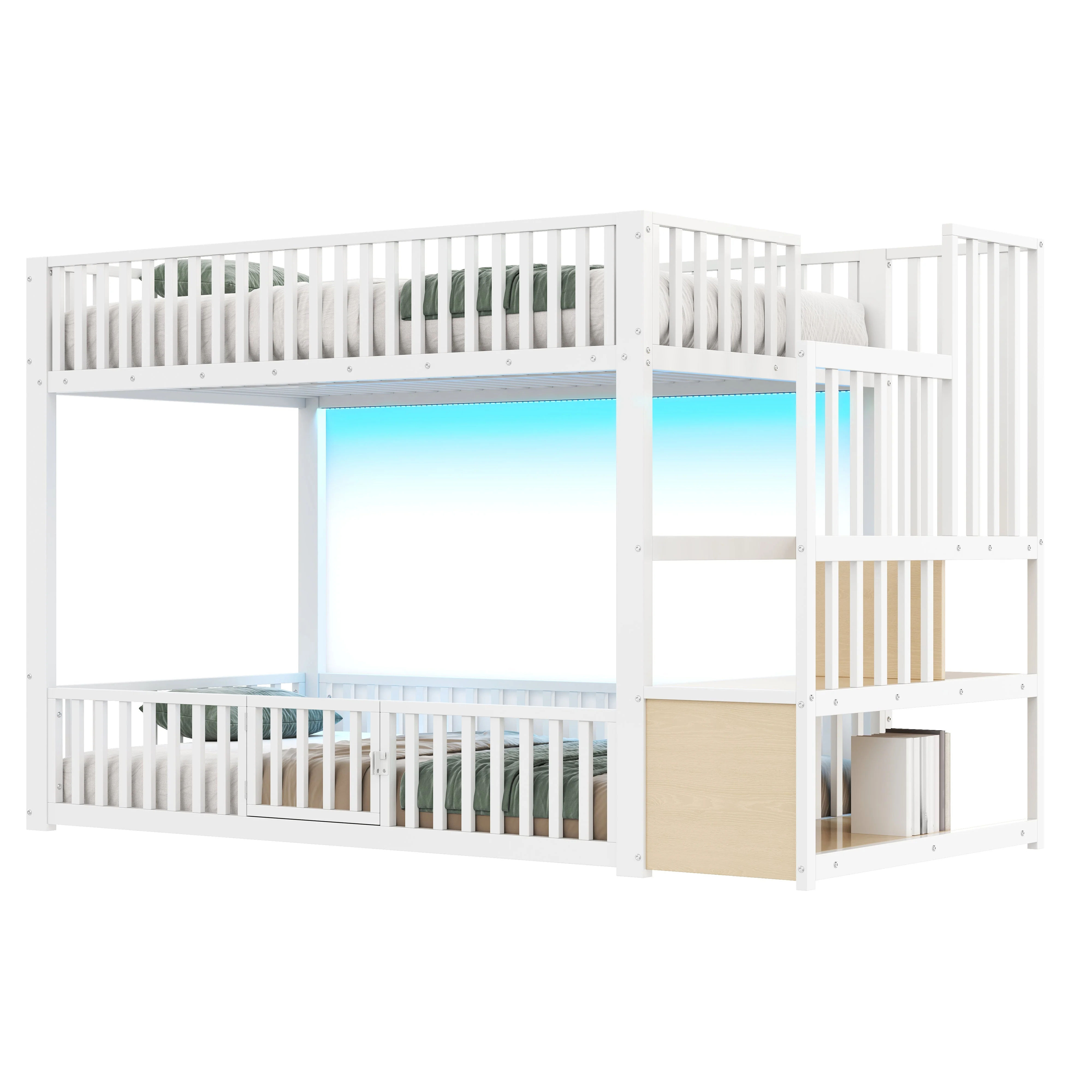 Bunk Bed with Storage Ladder and LED, 90x200cm, White - Image 5