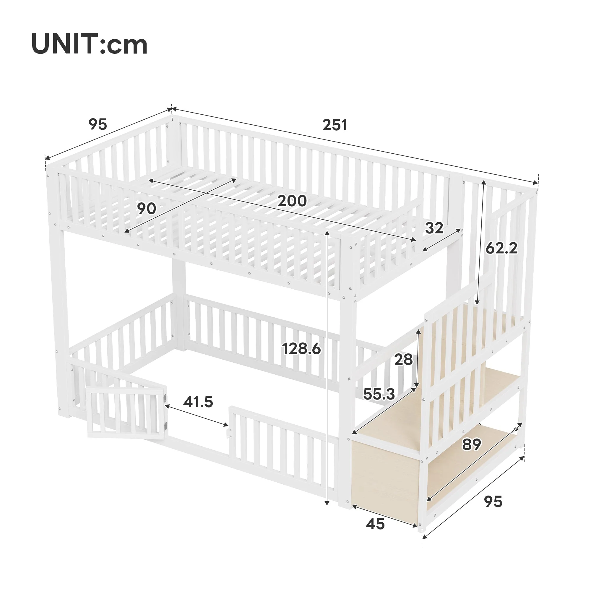 Bunk Bed with Storage Ladder and LED, 90x200cm, White - Image 6