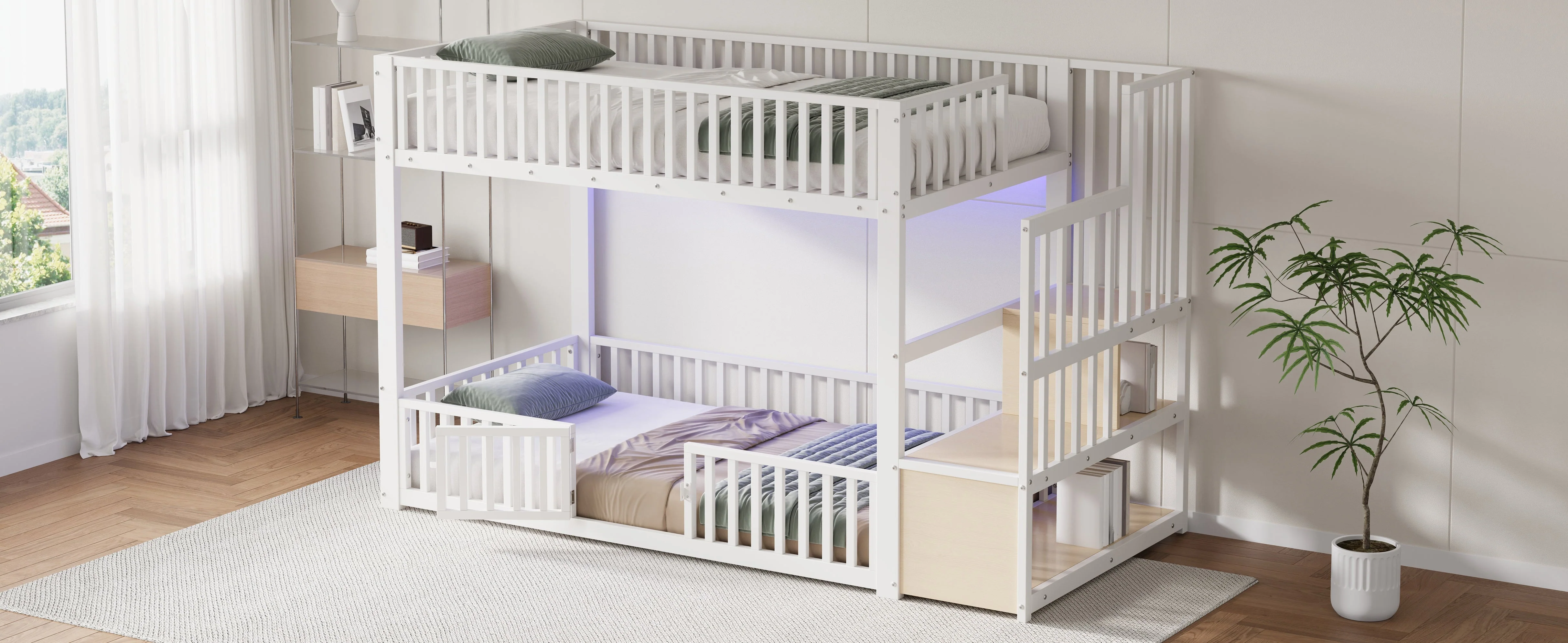 Bunk Bed with Storage Ladder and LED, 90x200cm, White - Image 7