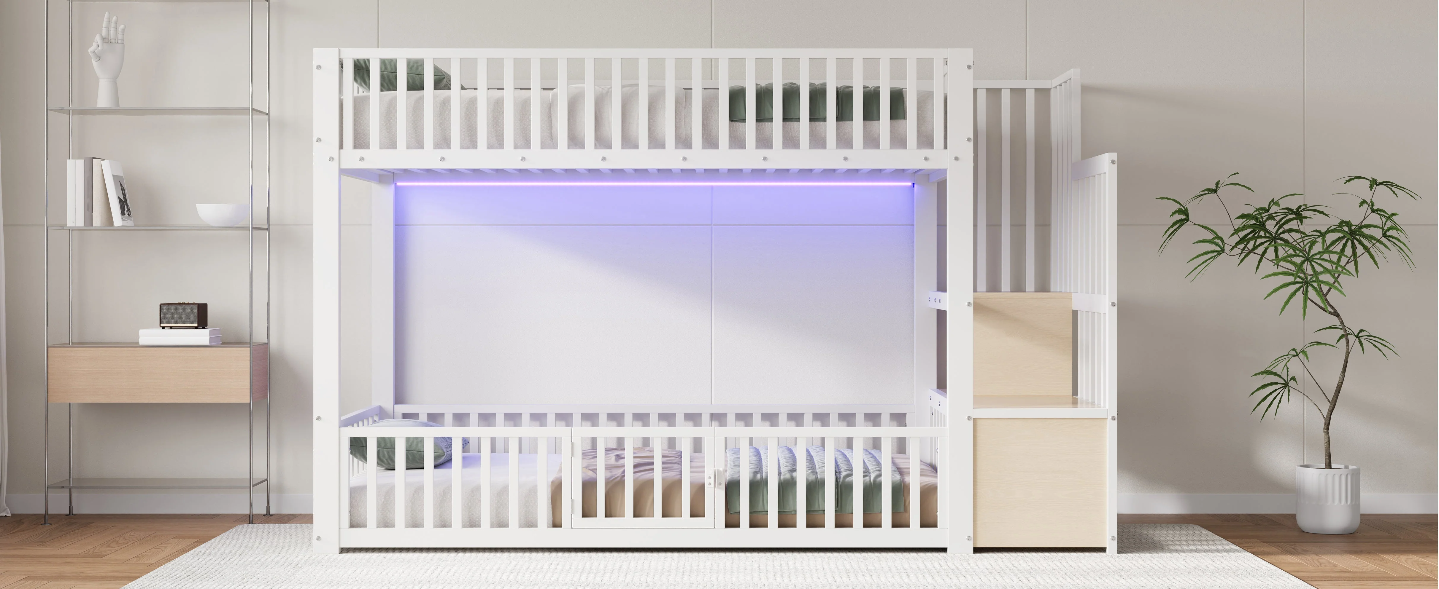 Bunk Bed with Storage Ladder and LED, 90x200cm, White - Image 8
