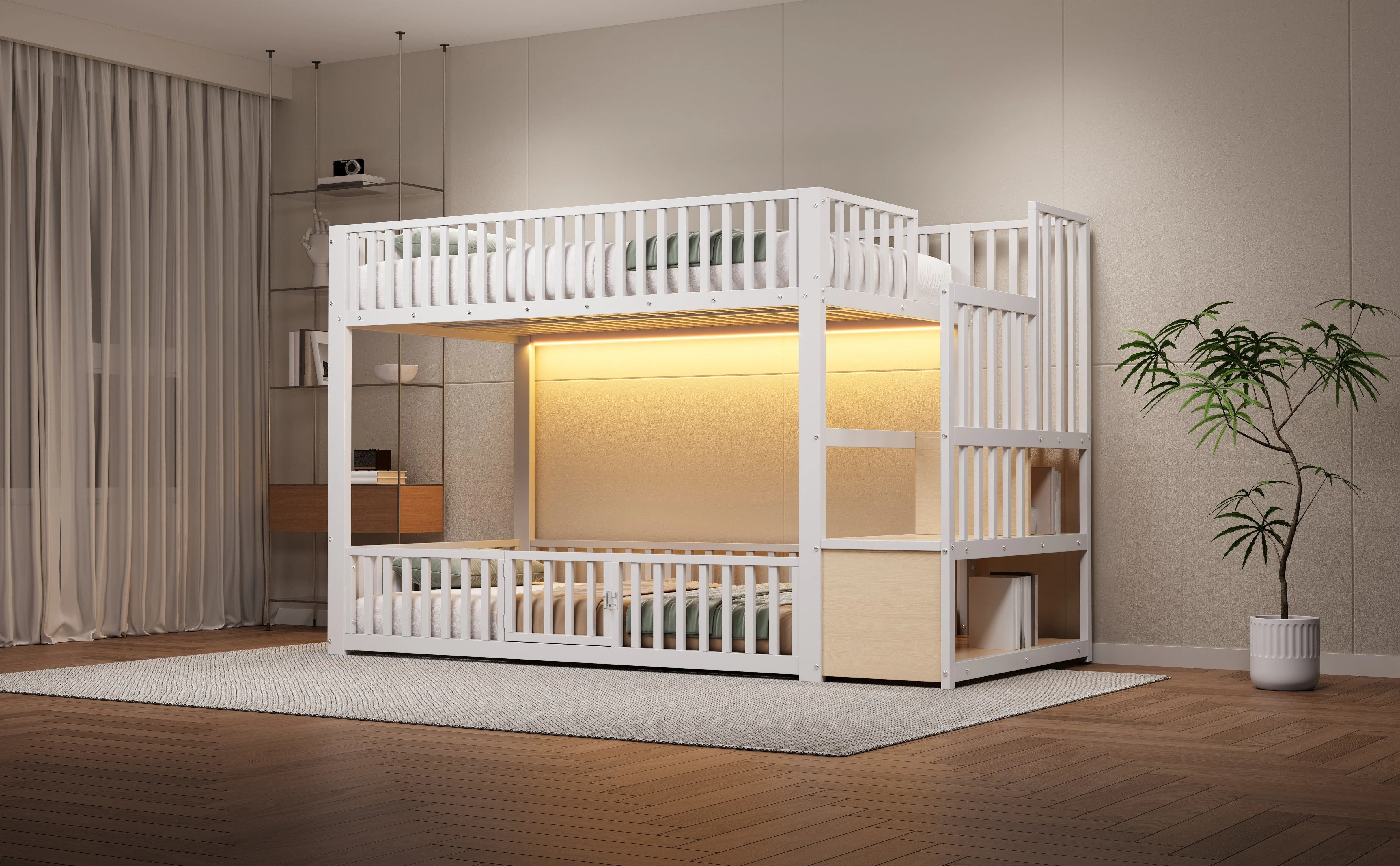 Bunk Bed with Storage Ladder and LED, 90x200cm, White - Image 9