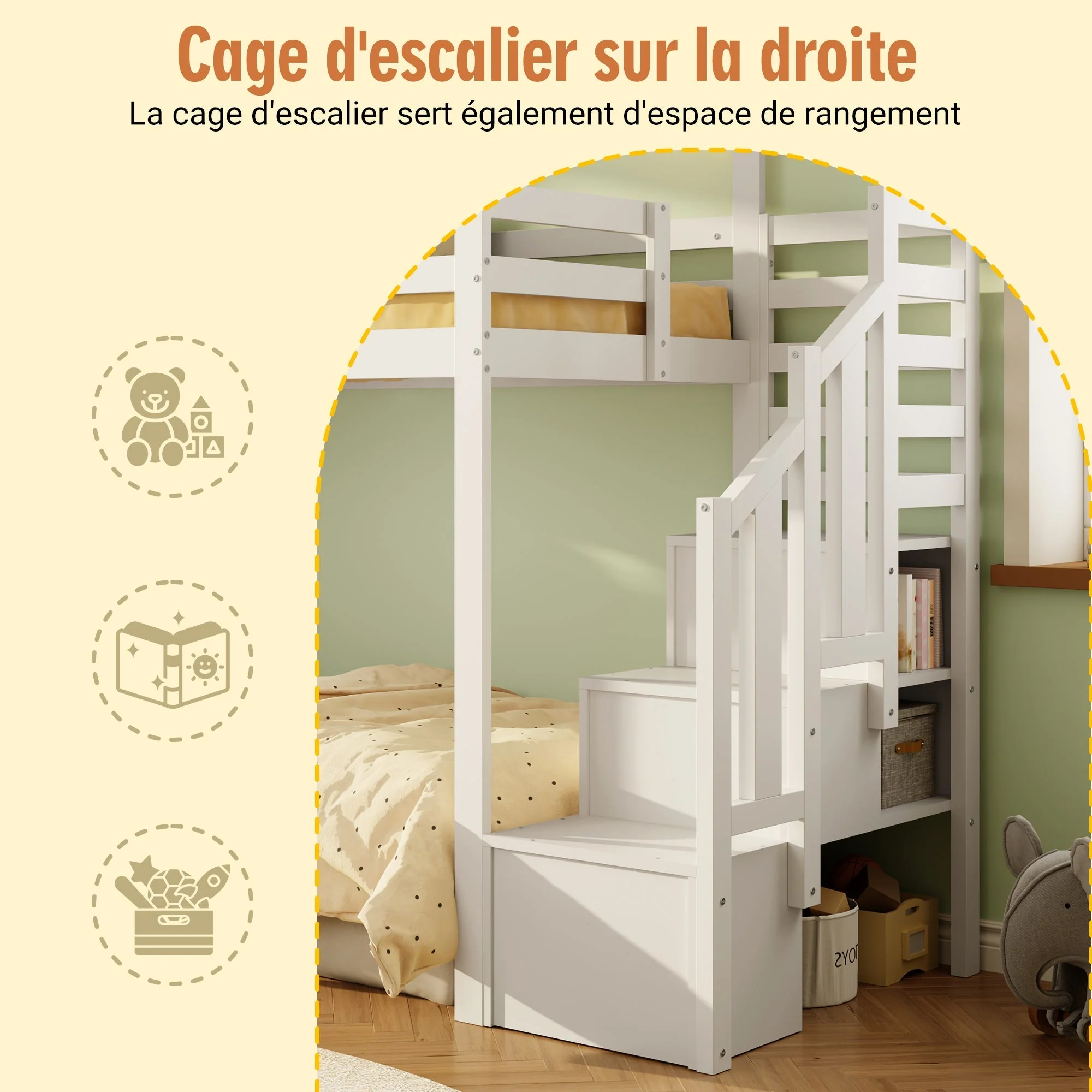Bunk Bed with Storage Stairs and Fall Protection, 90x200cm, White Solid Wood - Image 10
