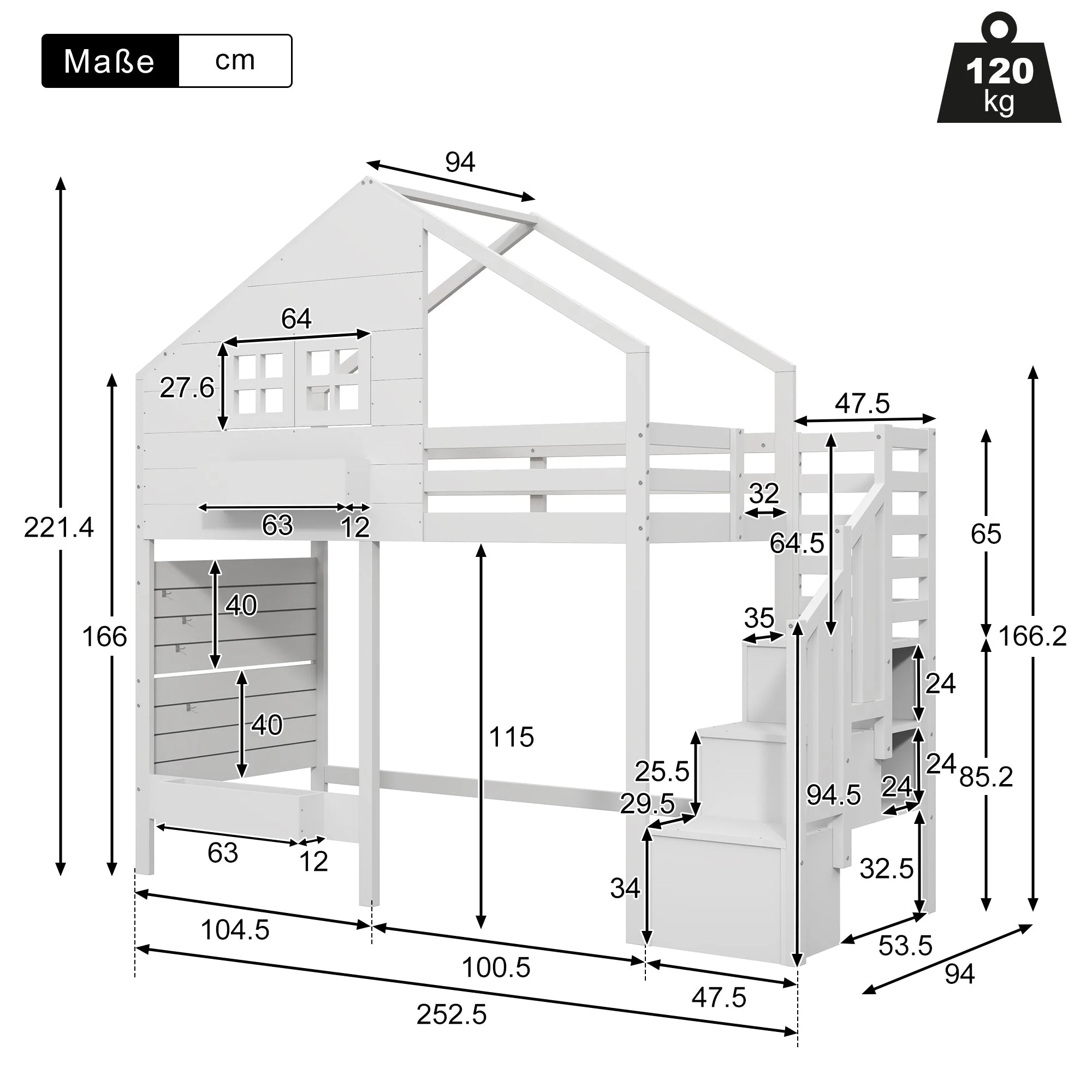 Bunk Bed with Storage Stairs and Fall Protection, 90x200cm, White Solid Wood - Image 7