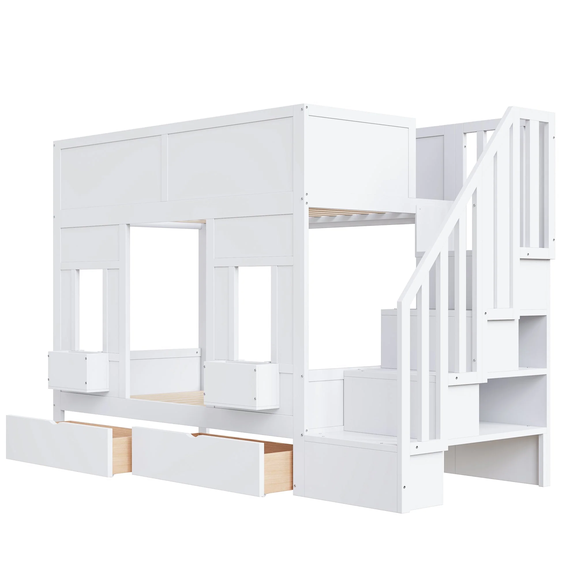 Bunk Bed with Storage Stairs, Drawers and Windows, 90x200cm, Wood - Image 7