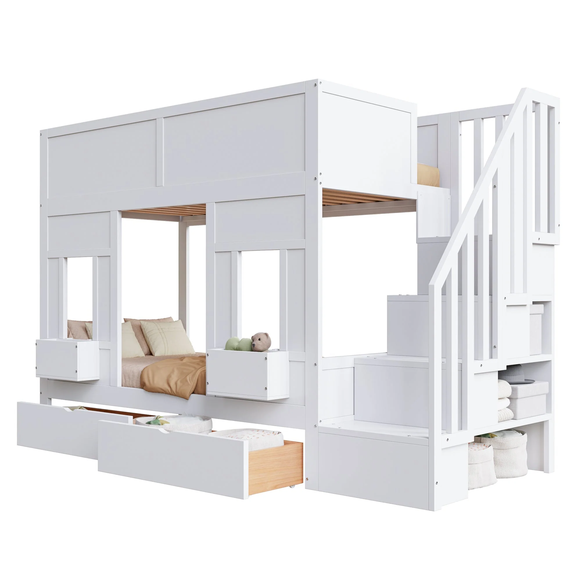 Bunk Bed with Storage Stairs, Drawers and Windows, 90x200cm, Wood - Image 9