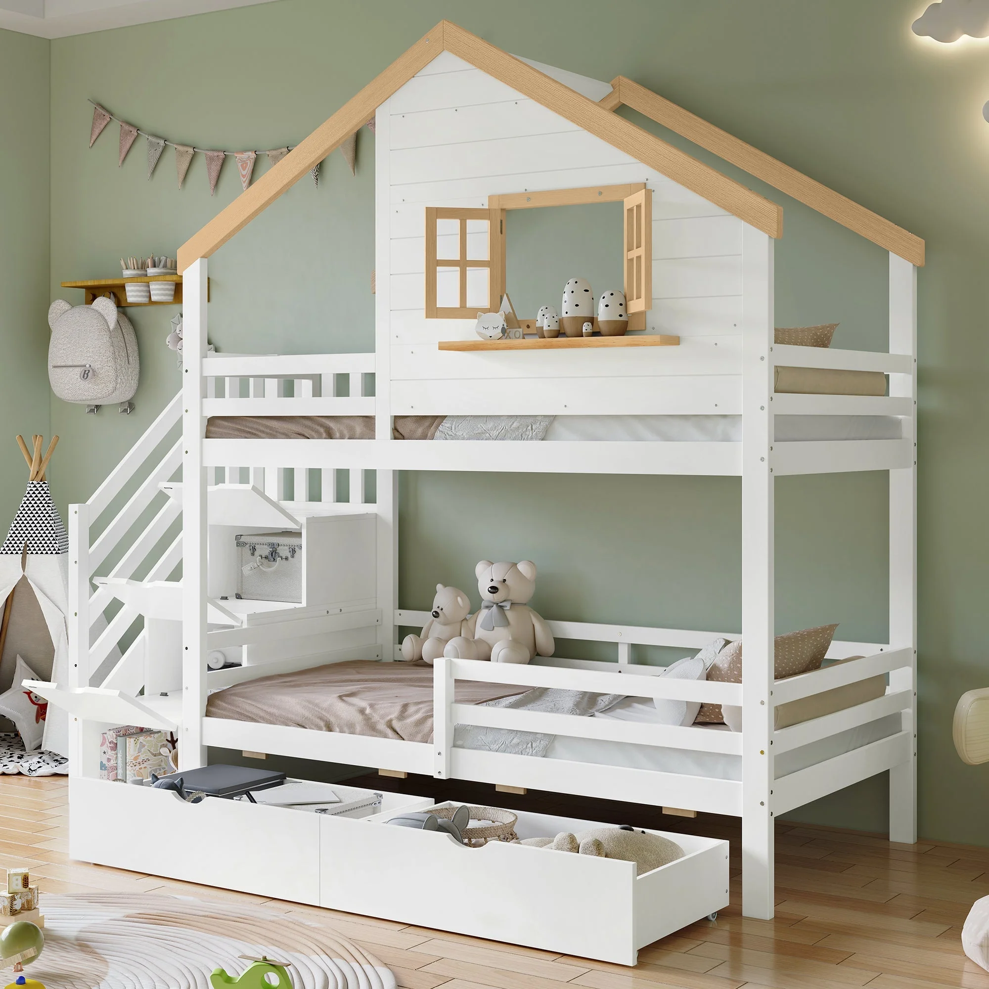 Bunk Bed with Storage Stairs, House Design 90x200cm, Pine/MDF White/Natural - Image 2