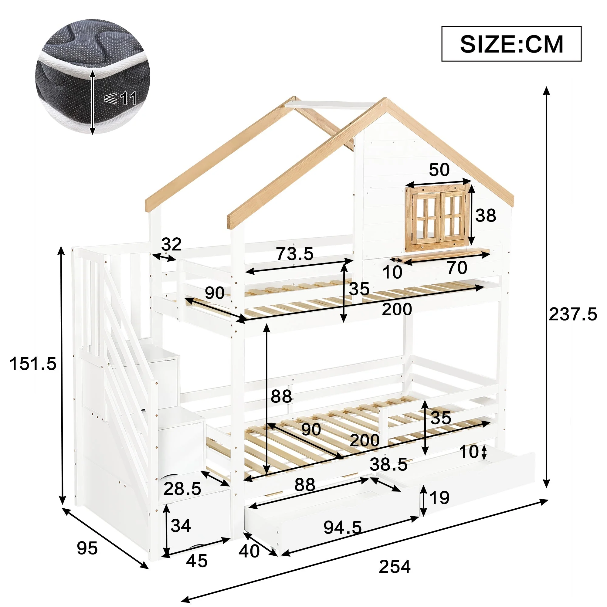 Bunk Bed with Storage Stairs, House Design 90x200cm, Pine/MDF White/Natural - Image 4