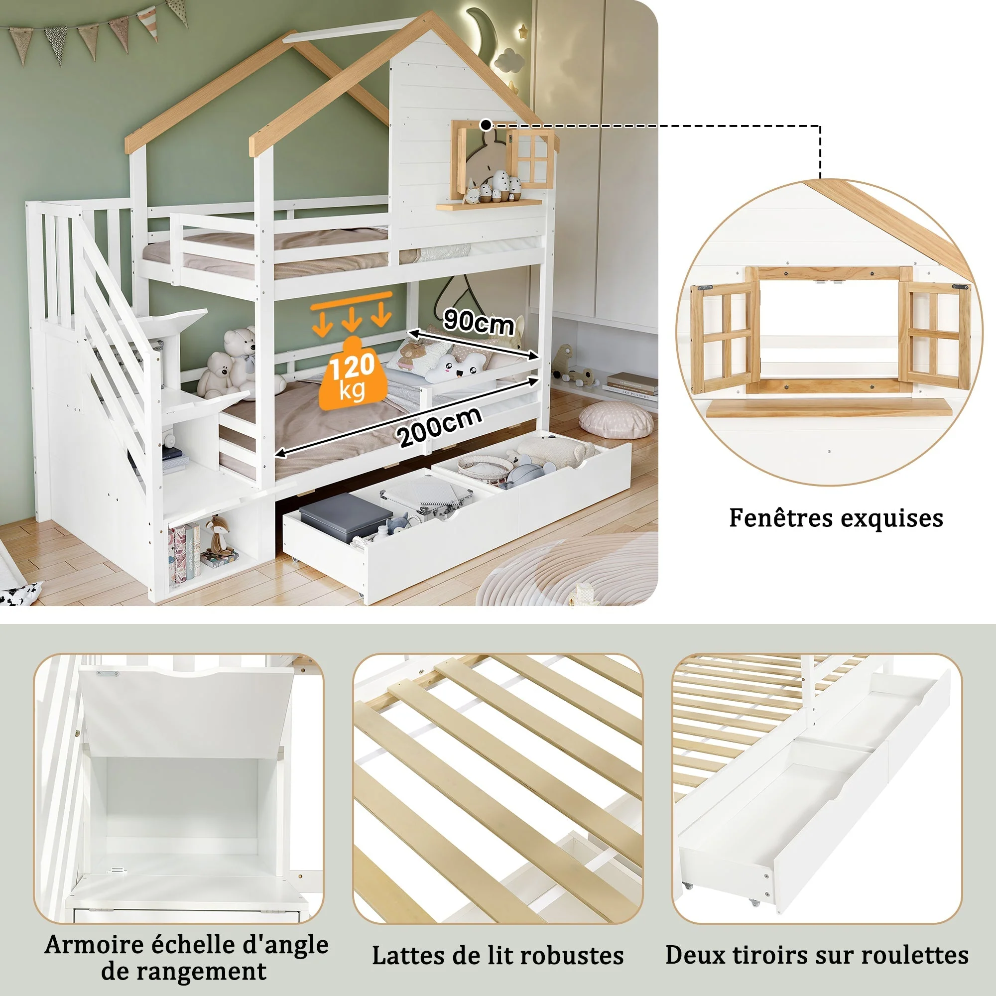 Bunk Bed with Storage Stairs, House Design 90x200cm, Pine/MDF White/Natural - Image 6