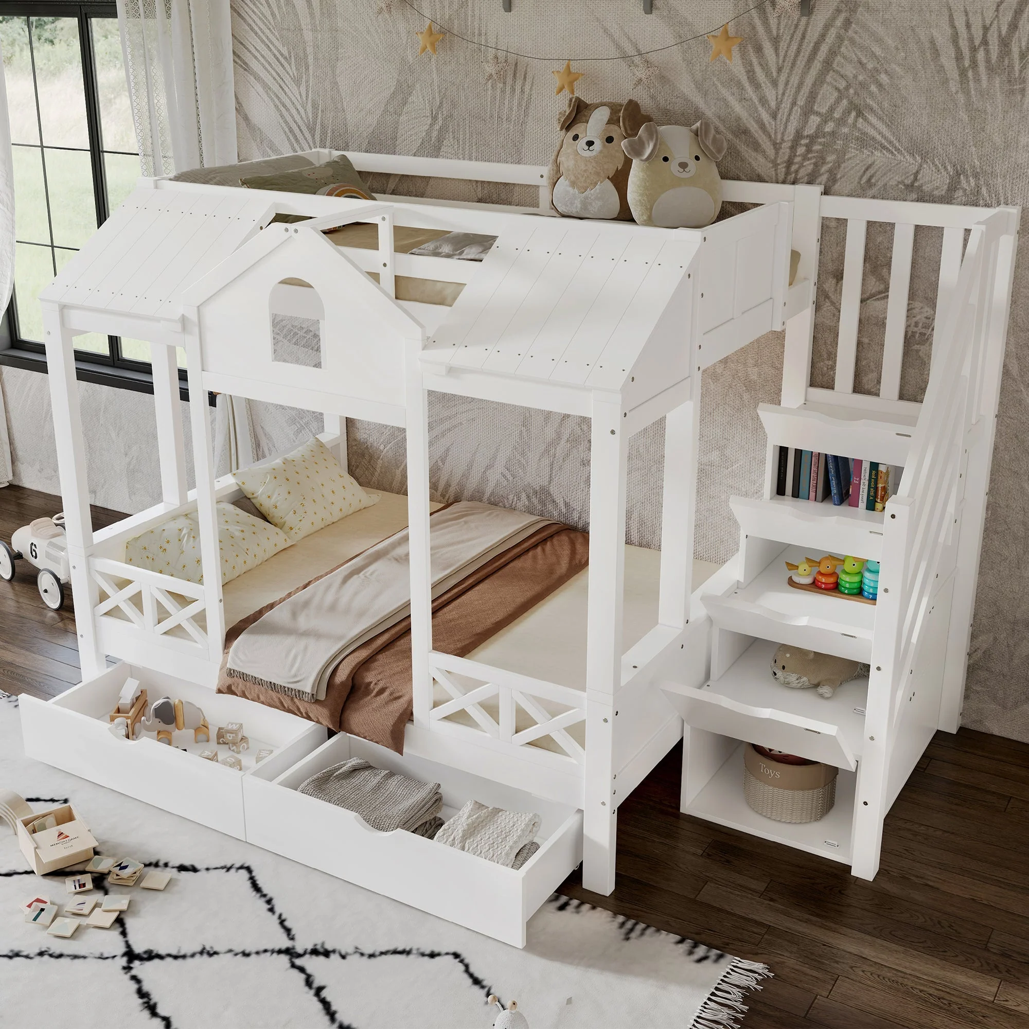 Bunk Bed with Windows Roof Stair Storage Drawers 90/140x200cm White Pine - Image 3