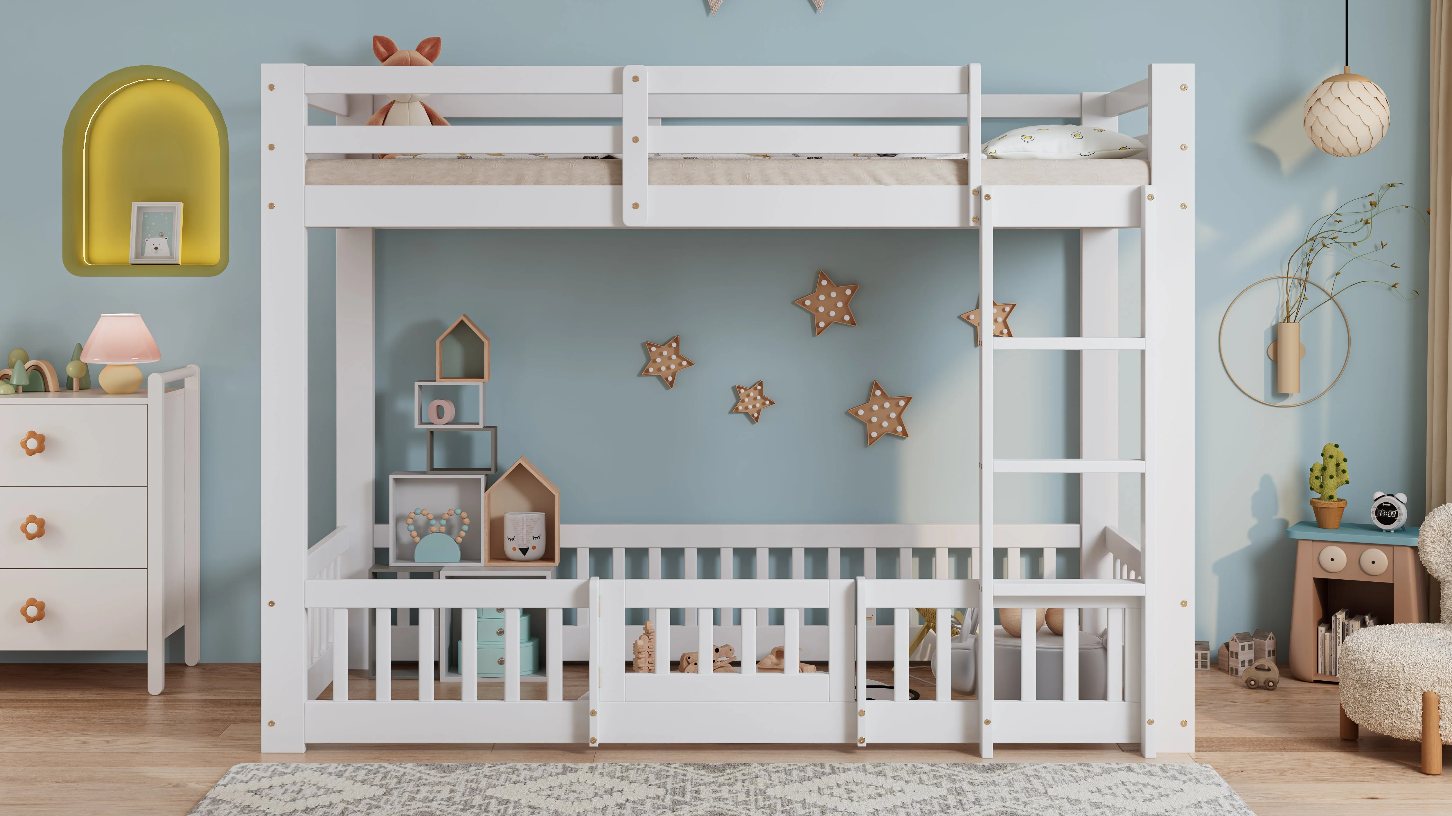Bunk Bed, Wooden with Right-Angled Stairs, Railing, Fall Protection, White - Image 10