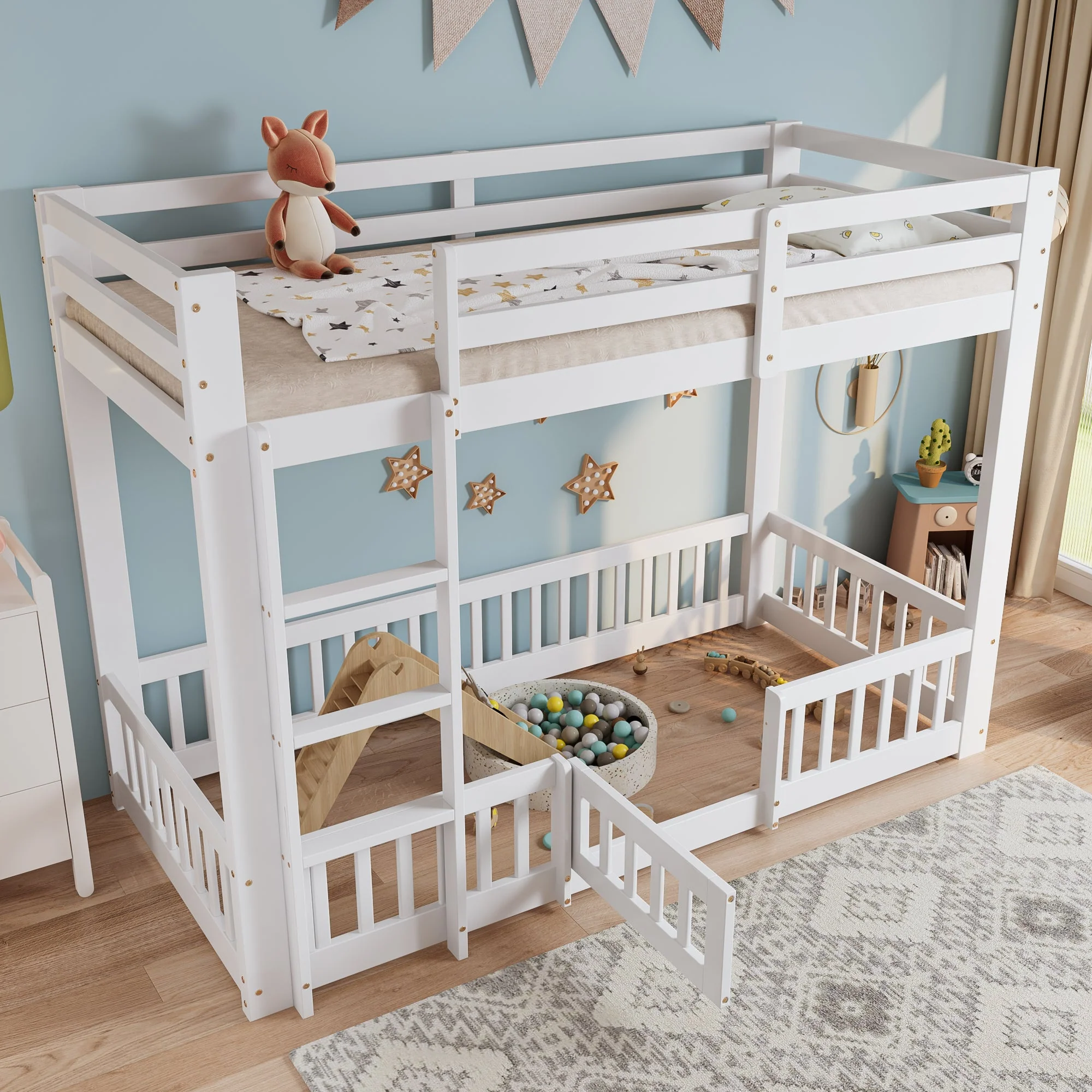 Bunk Bed, Wooden with Right-Angled Stairs, Railing, Fall Protection, White - Image 2