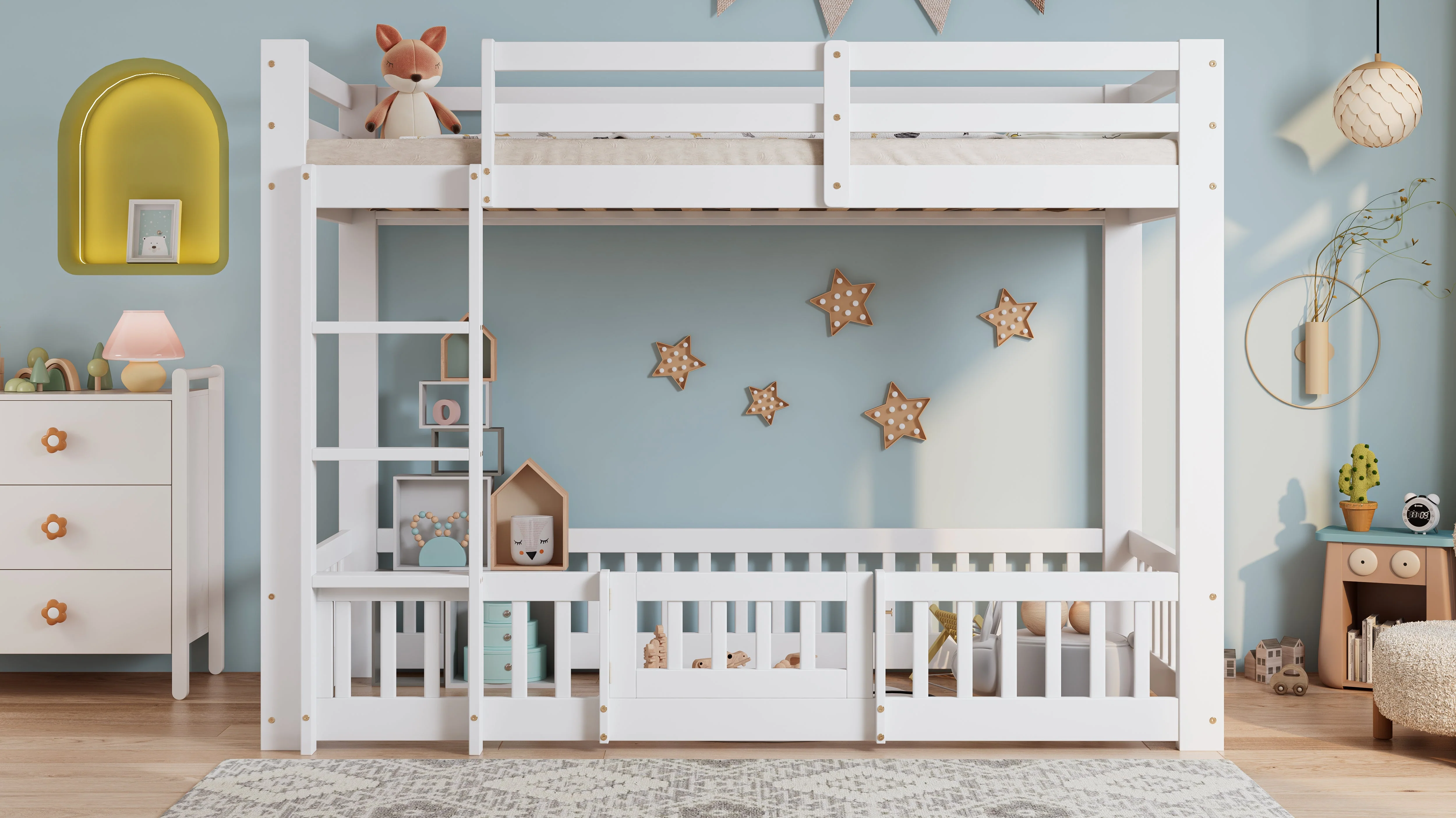 Bunk Bed, Wooden with Right-Angled Stairs, Railing, Fall Protection, White - Image 9