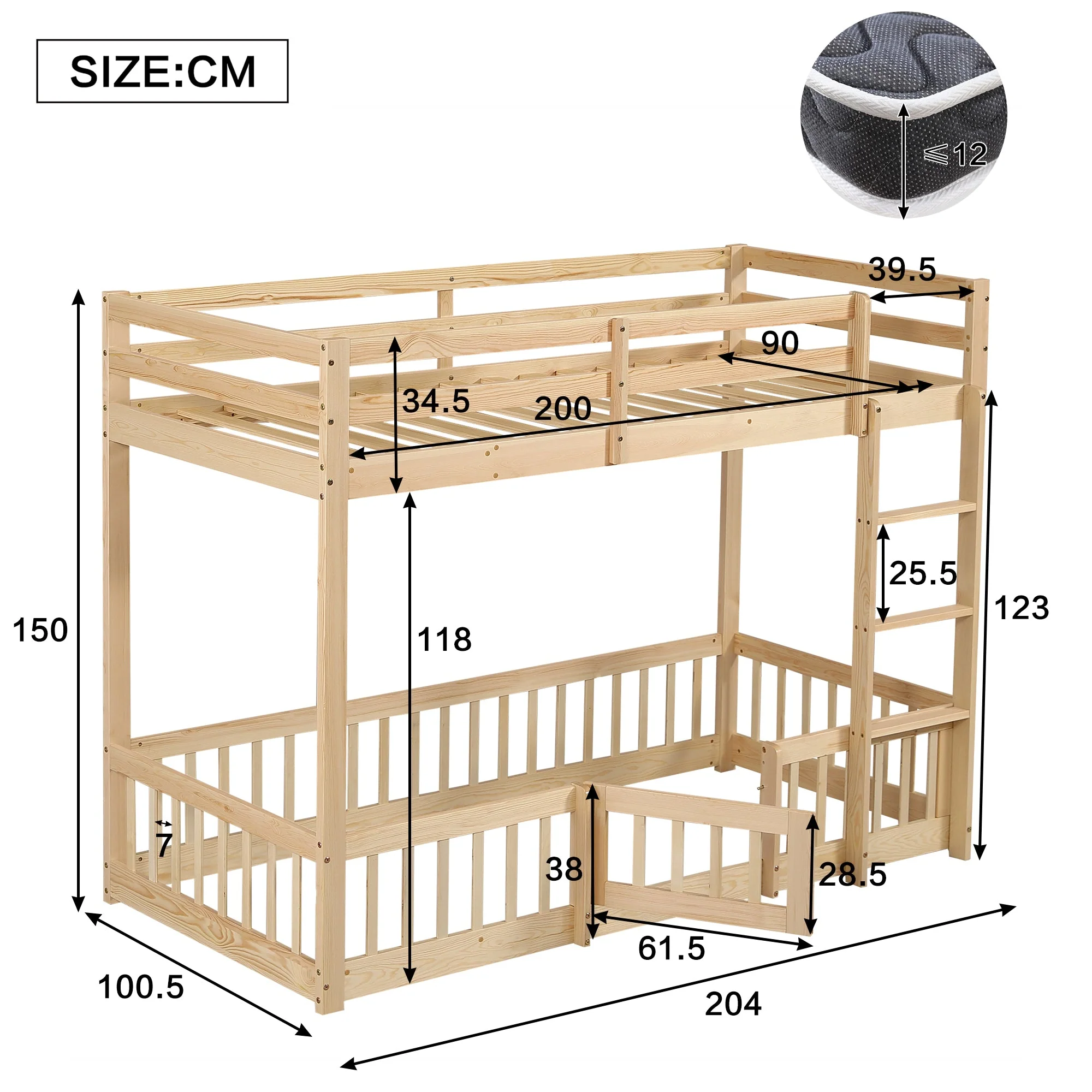 Bunk Bed, Wooden with Stairs, Railing, Fall Protection, Pine - Image 5