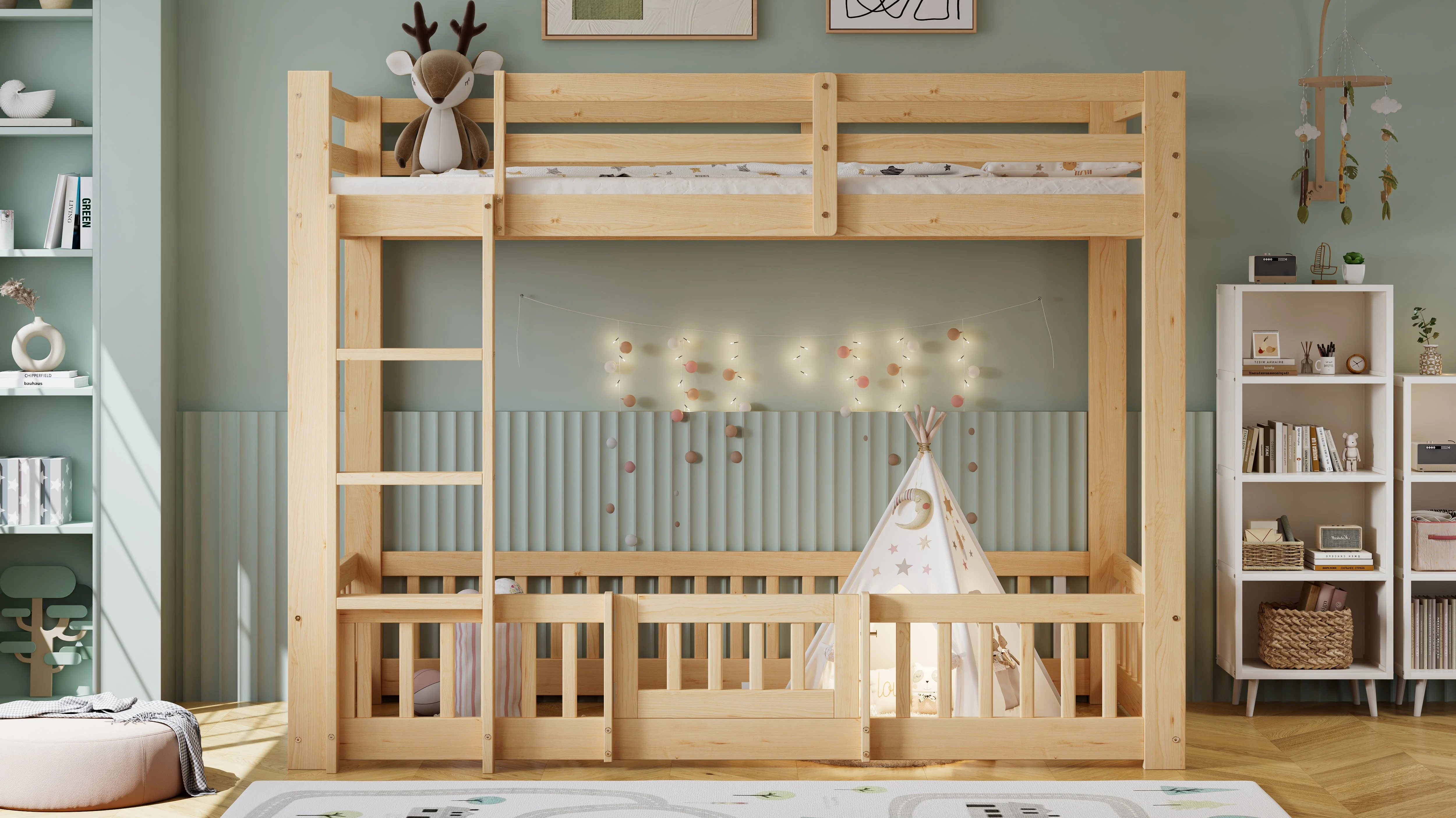Bunk Bed, Wooden with Stairs, Railing, Fall Protection, Pine - Image 8