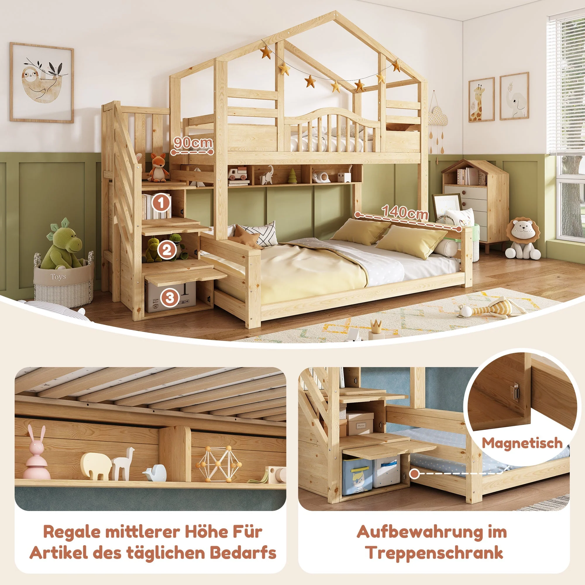 Bunk House Bed with Stair Storage and Shelves, 90x200cm and 140x200cm, Natural Wood Look - Image 3