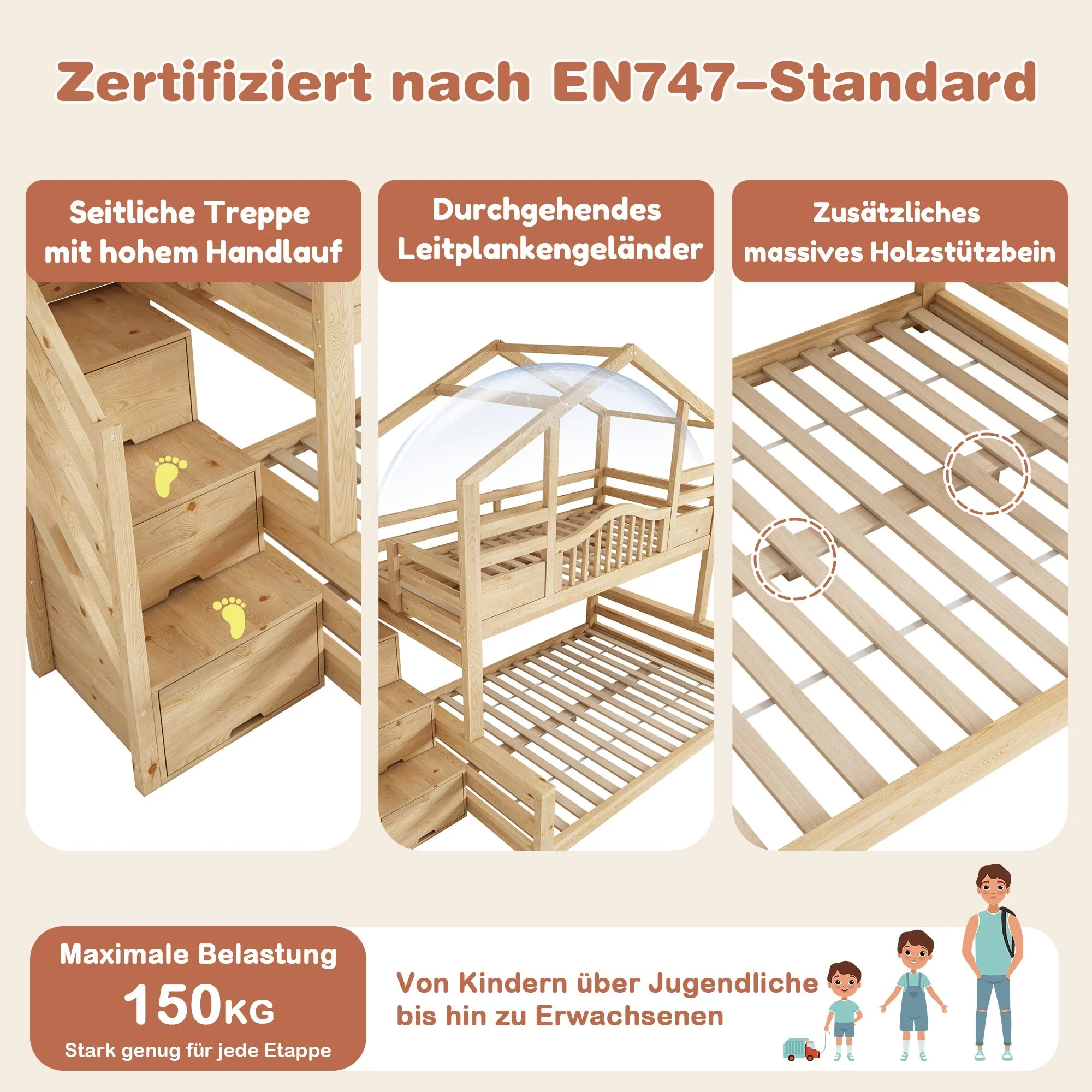 Bunk House Bed with Stair Storage and Shelves, 90x200cm and 140x200cm, Natural Wood Look - Image 5