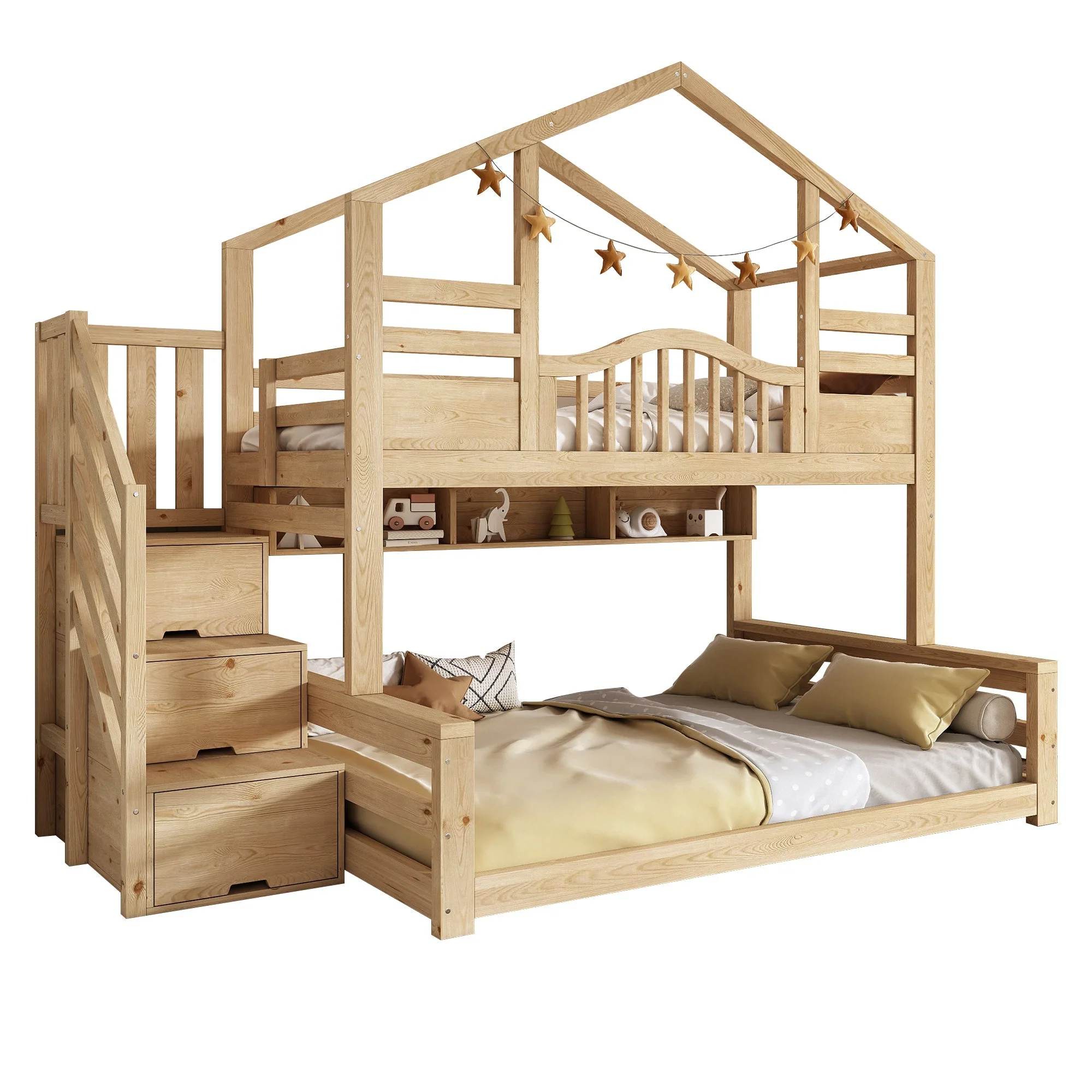 Bunk House Bed with Stair Storage and Shelves, 90x200cm and 140x200cm, Natural Wood Look - Image 6