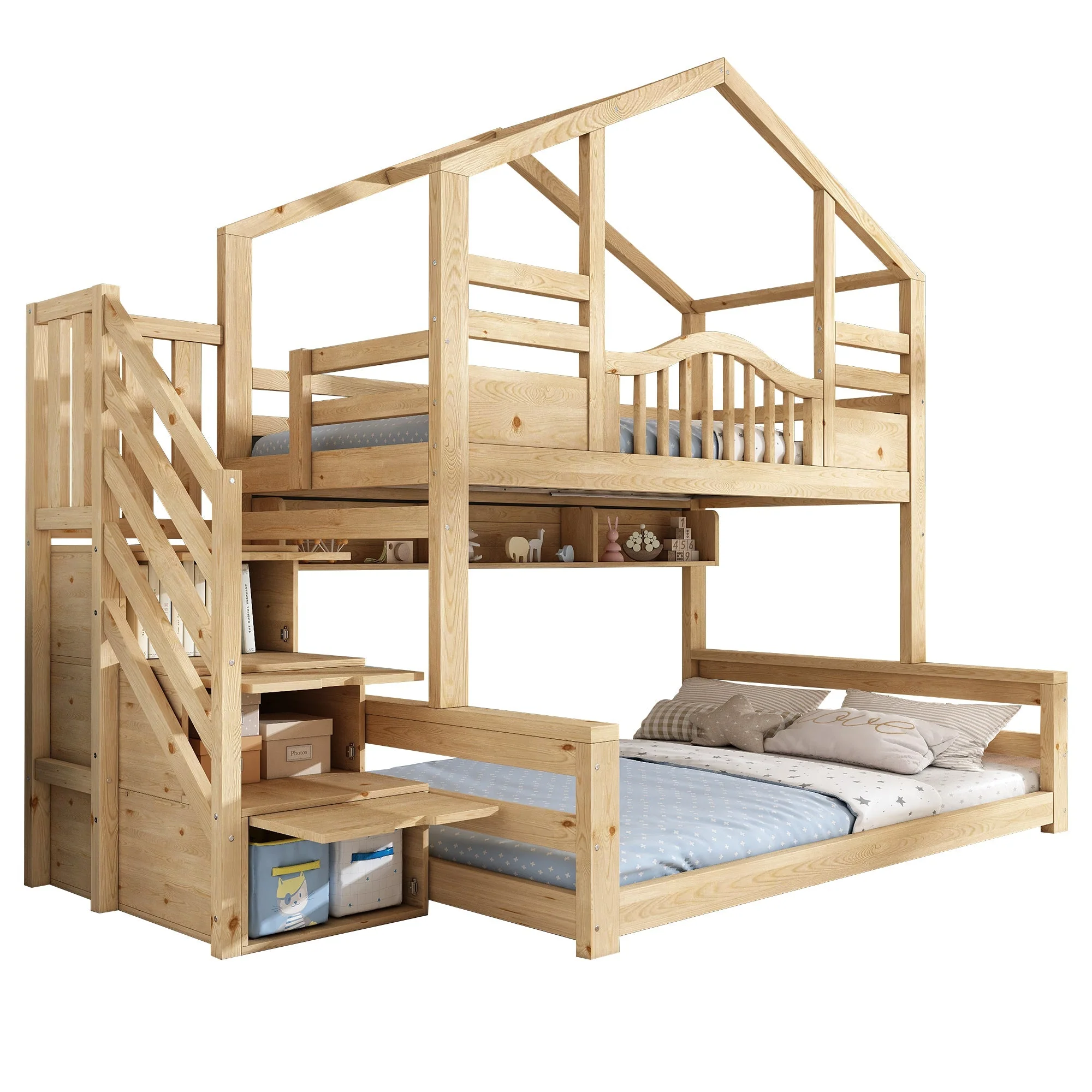 Bunk House Bed with Stair Storage and Shelves, 90x200cm and 140x200cm, Natural Wood Look - Image 7