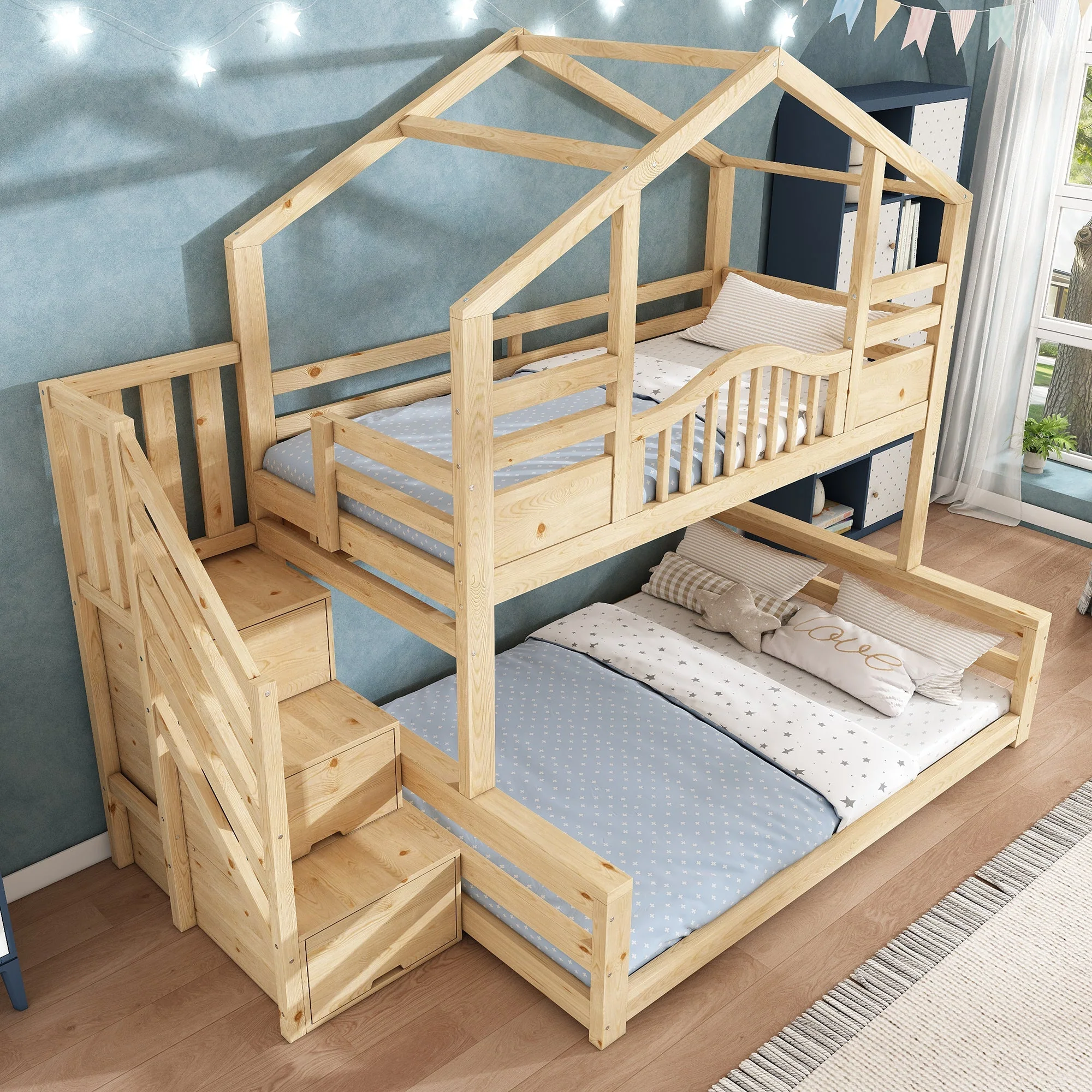 Bunk House Bed with Stair Storage and Shelves, 90x200cm and 140x200cm, Natural Wood Look - Image 8