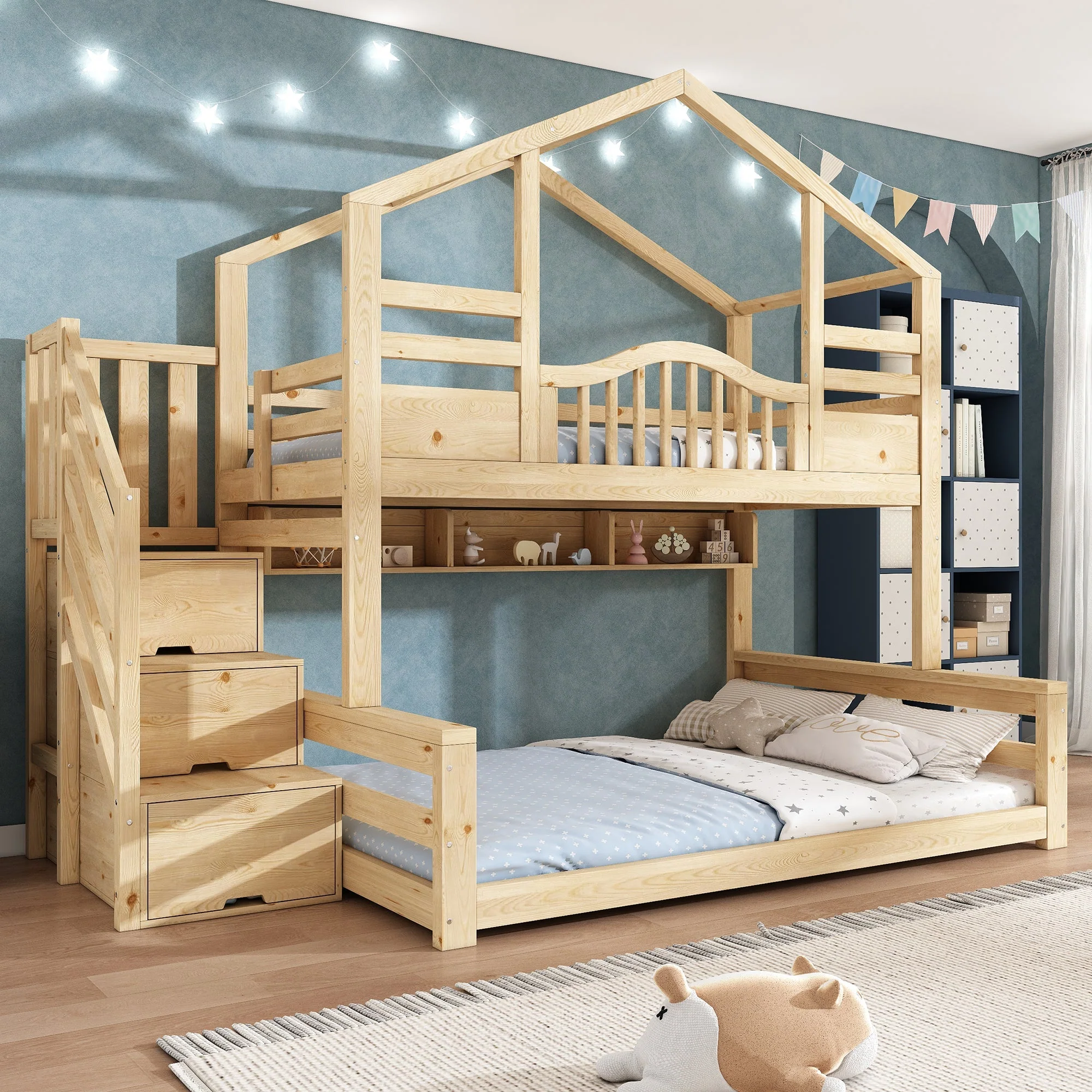 Bunk House Bed with Stair Storage and Shelves, 90x200cm and 140x200cm, Natural Wood Look - Image 9