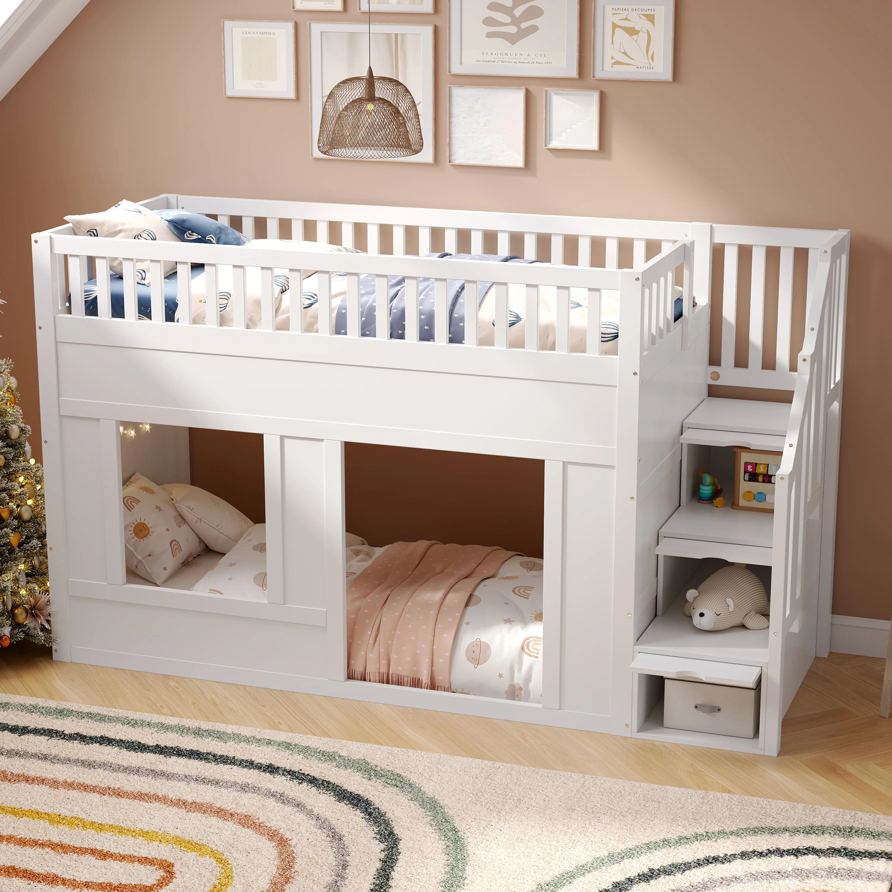 Bunk Loft Bed with Staircase Wardrobe and Convertible Play Area, 90x200cm, White - Image 4