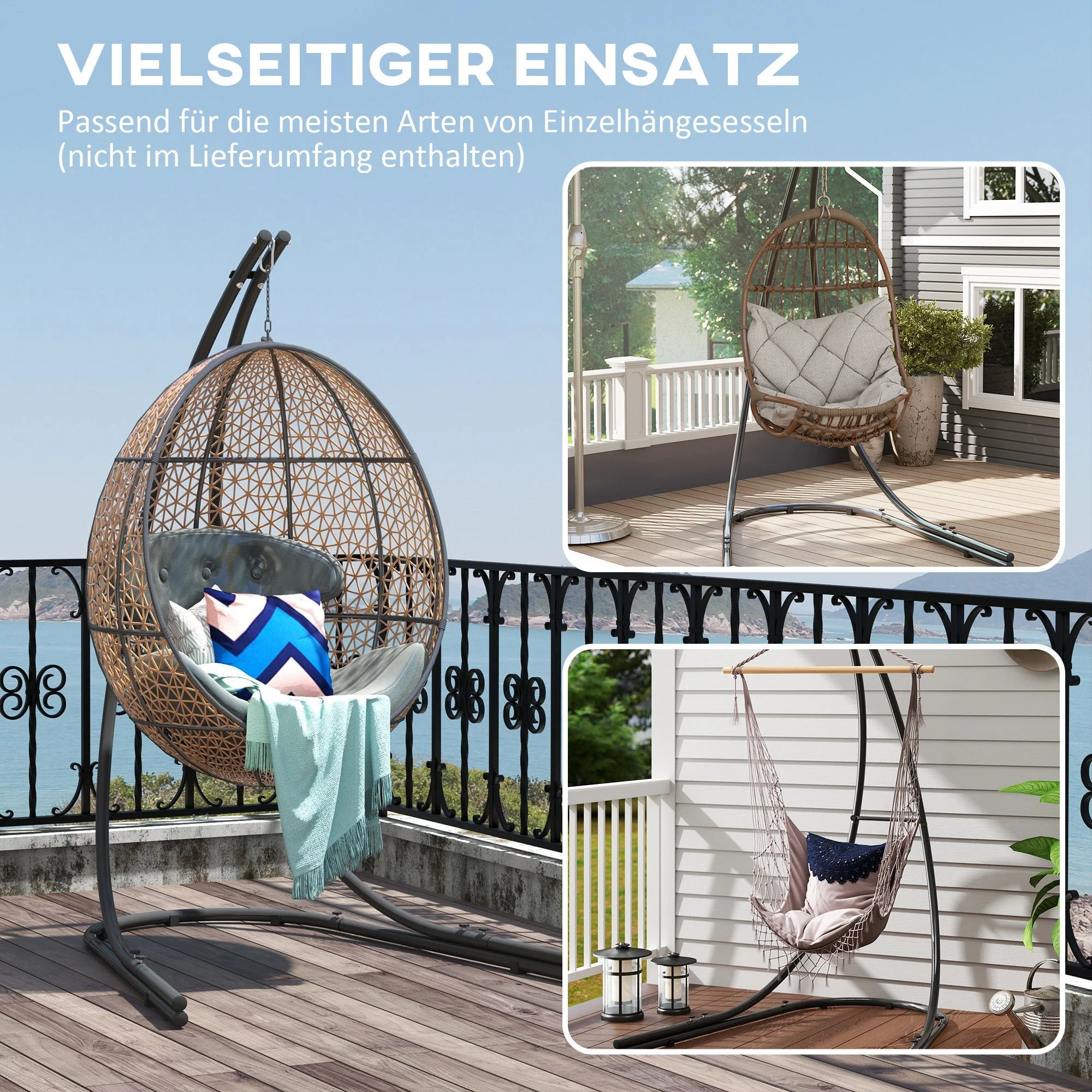 C-shaped Hanging Chair Stand, 150kg Indoor Outdoor Use, Metal Black - Image 4