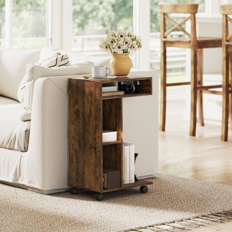 C-Shaped Serving Cart 4 Wheels 3 Compartments - Rustic Brown - Image 2