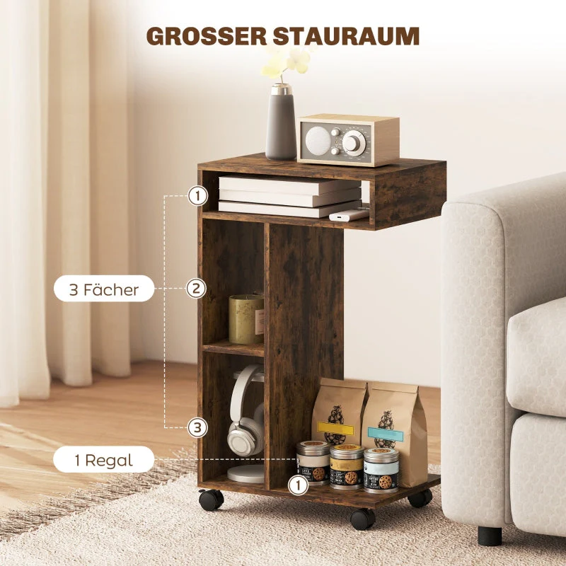 C-Shaped Serving Cart 4 Wheels 3 Compartments - Rustic Brown - Image 7