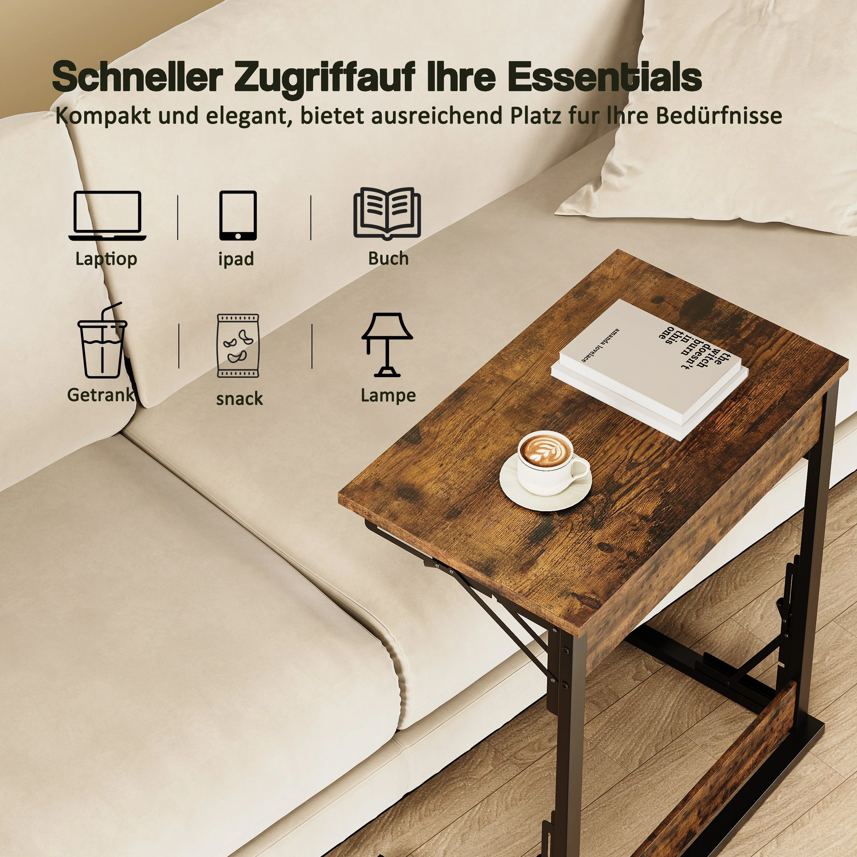 C-shaped Side Table Foldable Metal Frame Adjustable Feet TV Tray - Brown