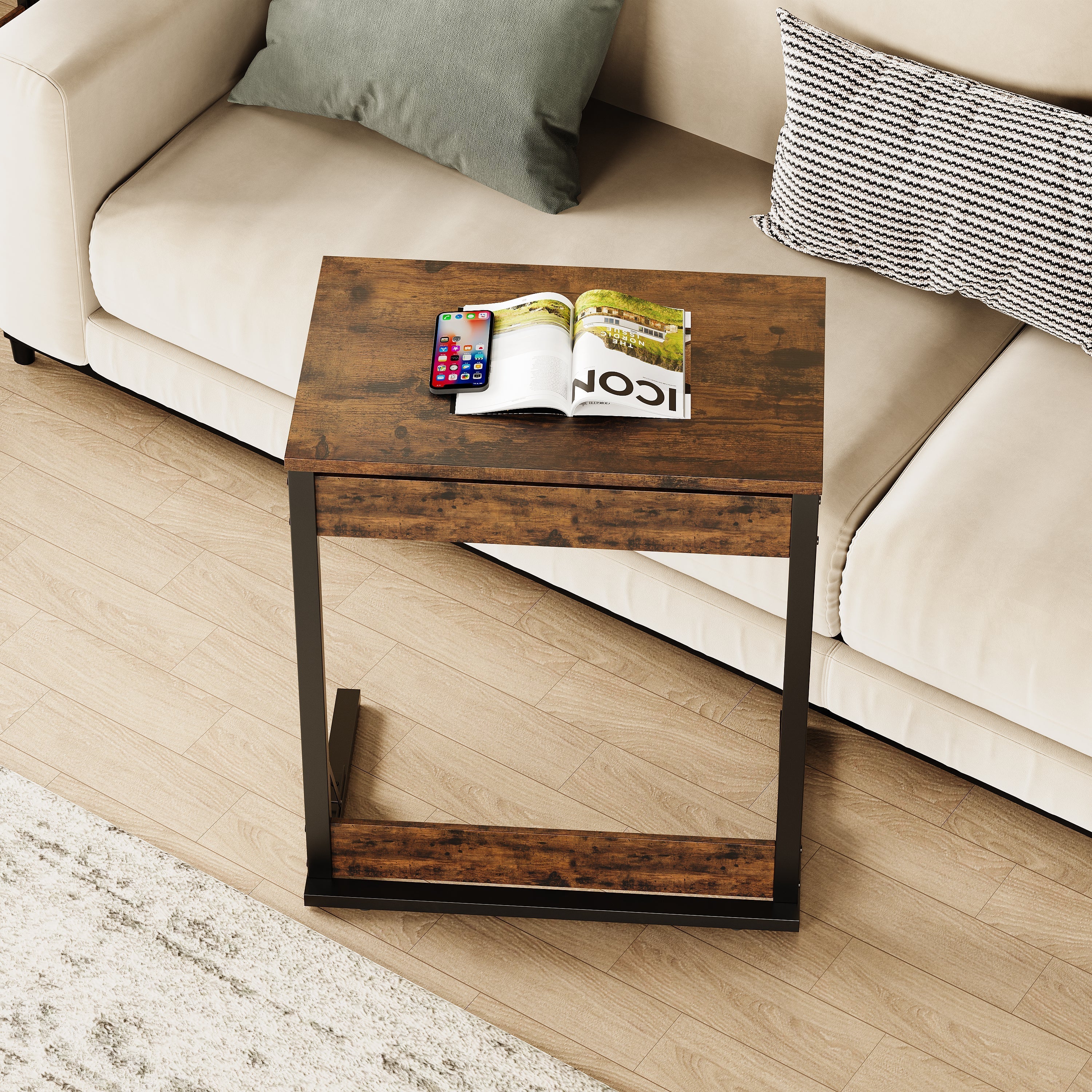 C-shaped Side Table Foldable Metal Frame Adjustable Feet TV Tray - Brown - Image 10