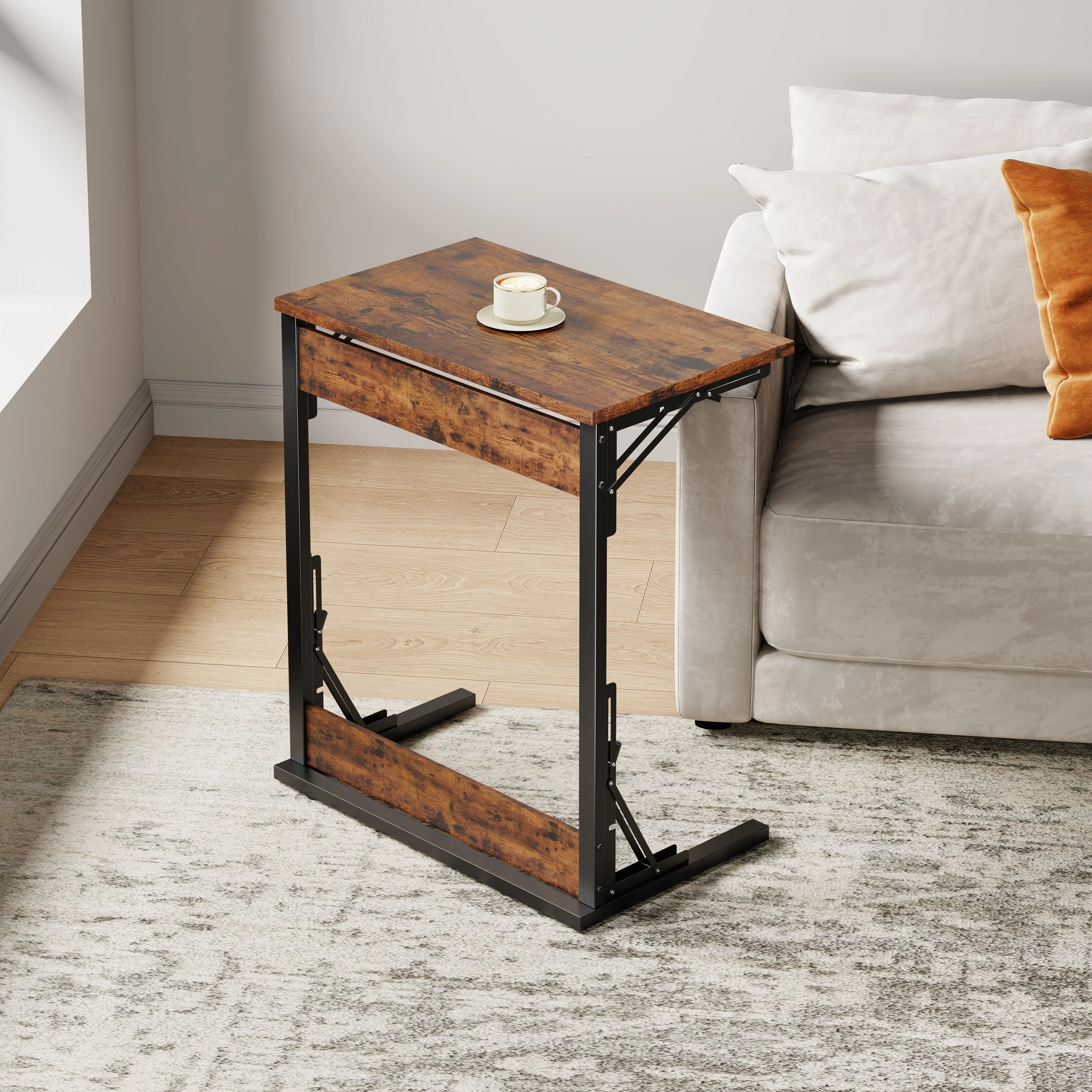 C-shaped Side Table Foldable Metal Frame Adjustable Feet TV Tray - Brown - Image 8