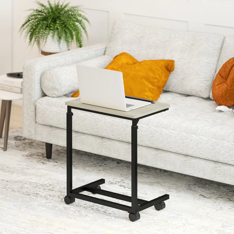 C-shaped side table, height-adjustable coffee laptop table with wheels, white