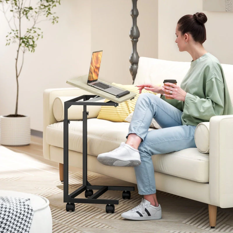 C-shaped side table, height-adjustable coffee laptop table with wheels, white - Image 3
