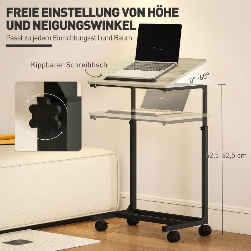 C-shaped side table, height-adjustable coffee laptop table with wheels, white - Image 5