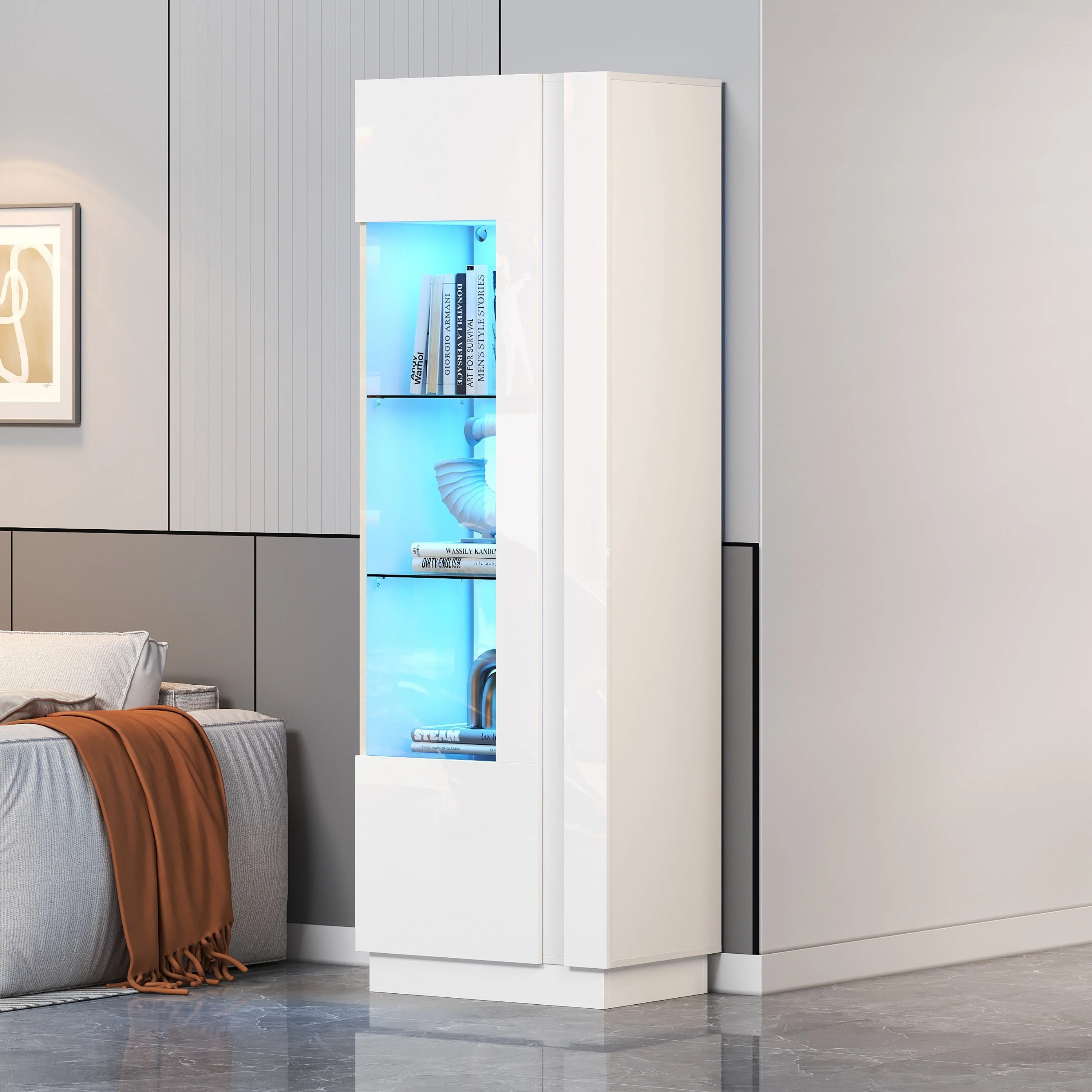 Cabinet, 60x40x180cm High-Gloss Display with LED Lighting, White Acrylic - Image 2