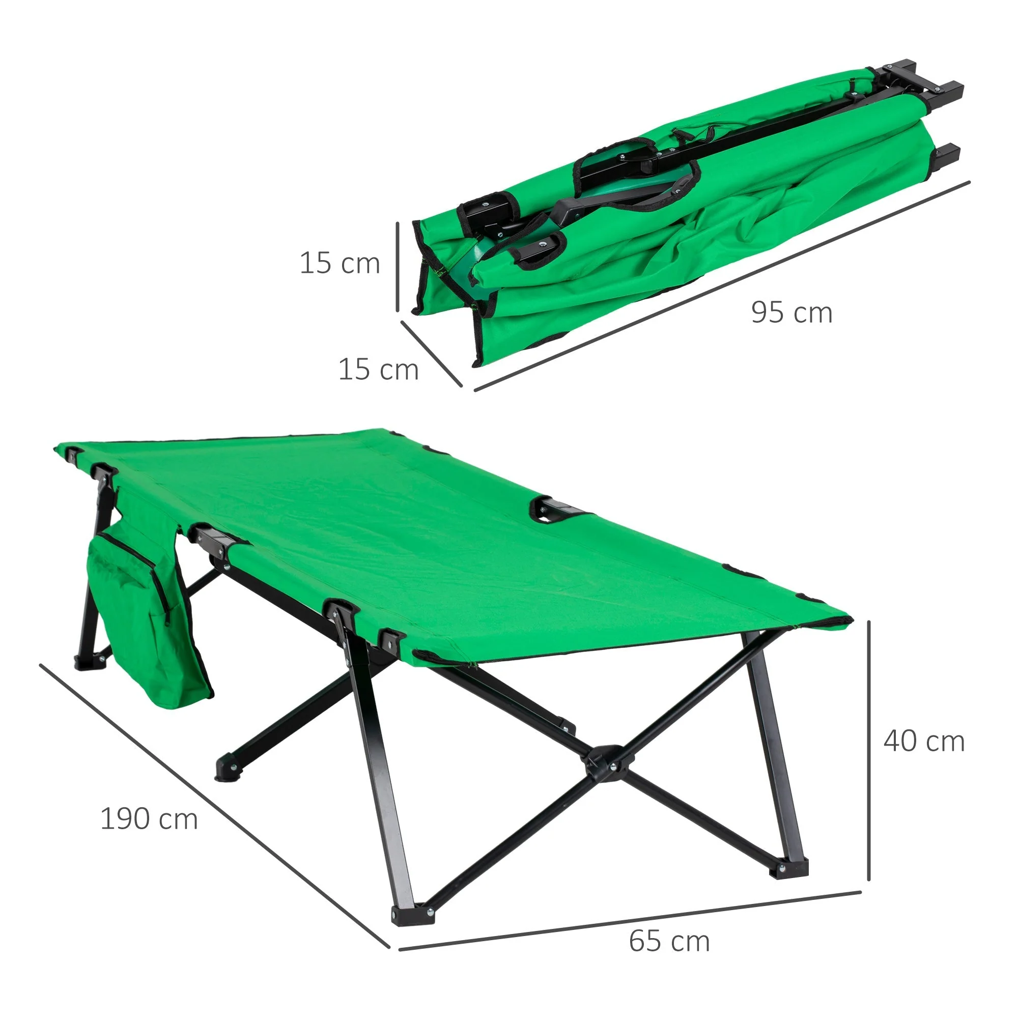 Camping Bed Foldable, 136 kg Load Capacity with Side Pocket, Oxford Green Black - Image 3