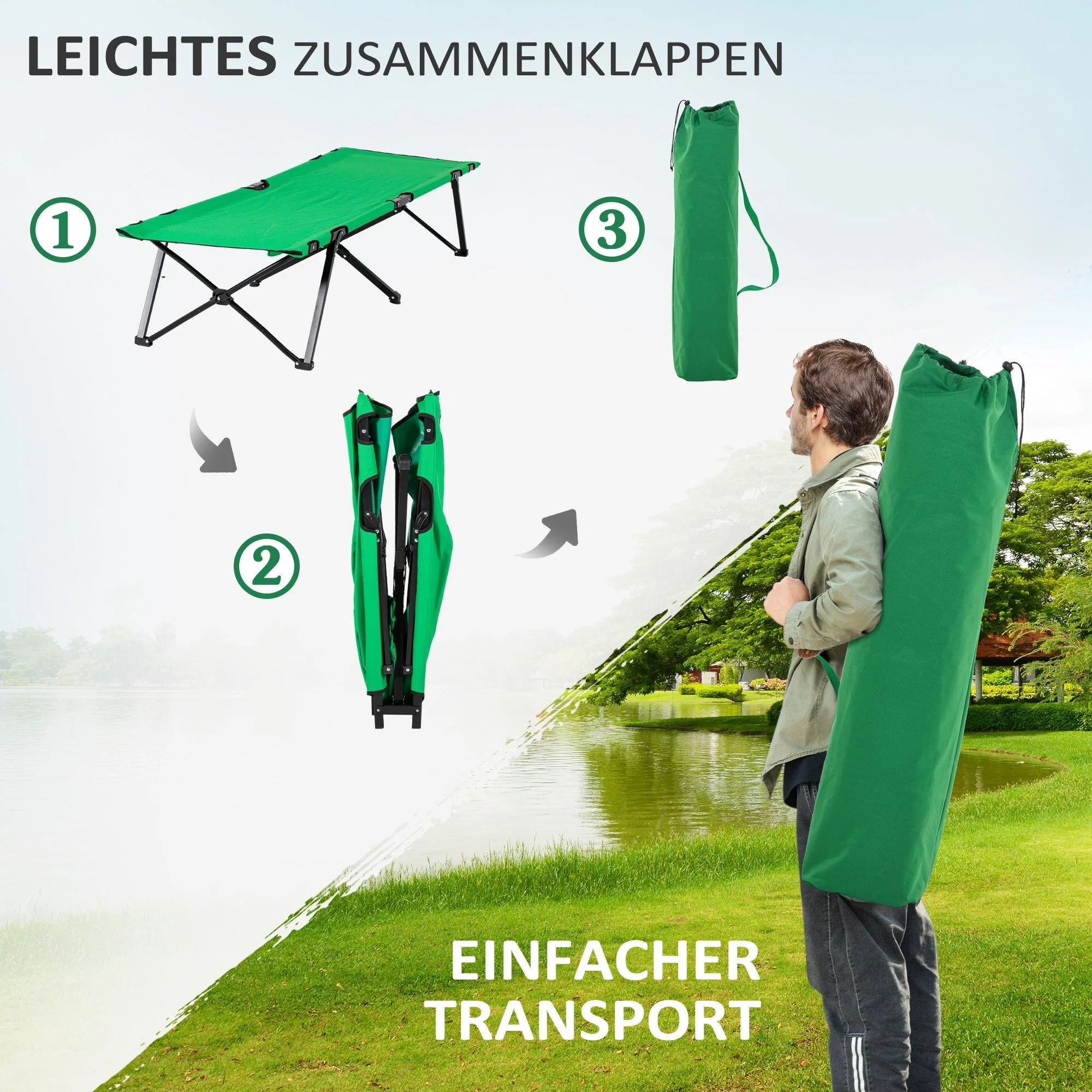 Camping Bed Foldable, 136 kg Load Capacity with Side Pocket, Oxford Green Black - Image 4