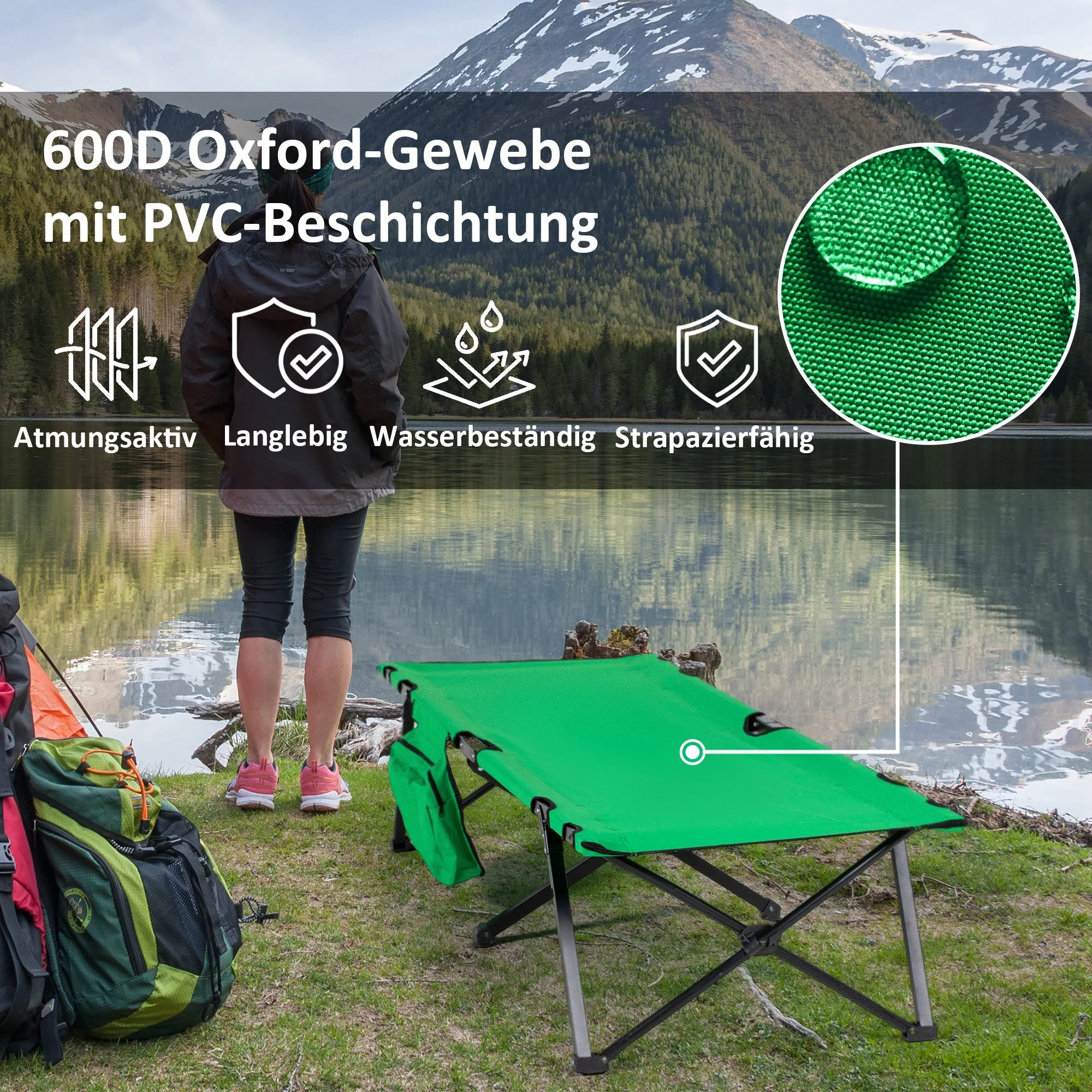 Camping Bed Foldable, 136 kg Load Capacity with Side Pocket, Oxford Green Black - Image 5