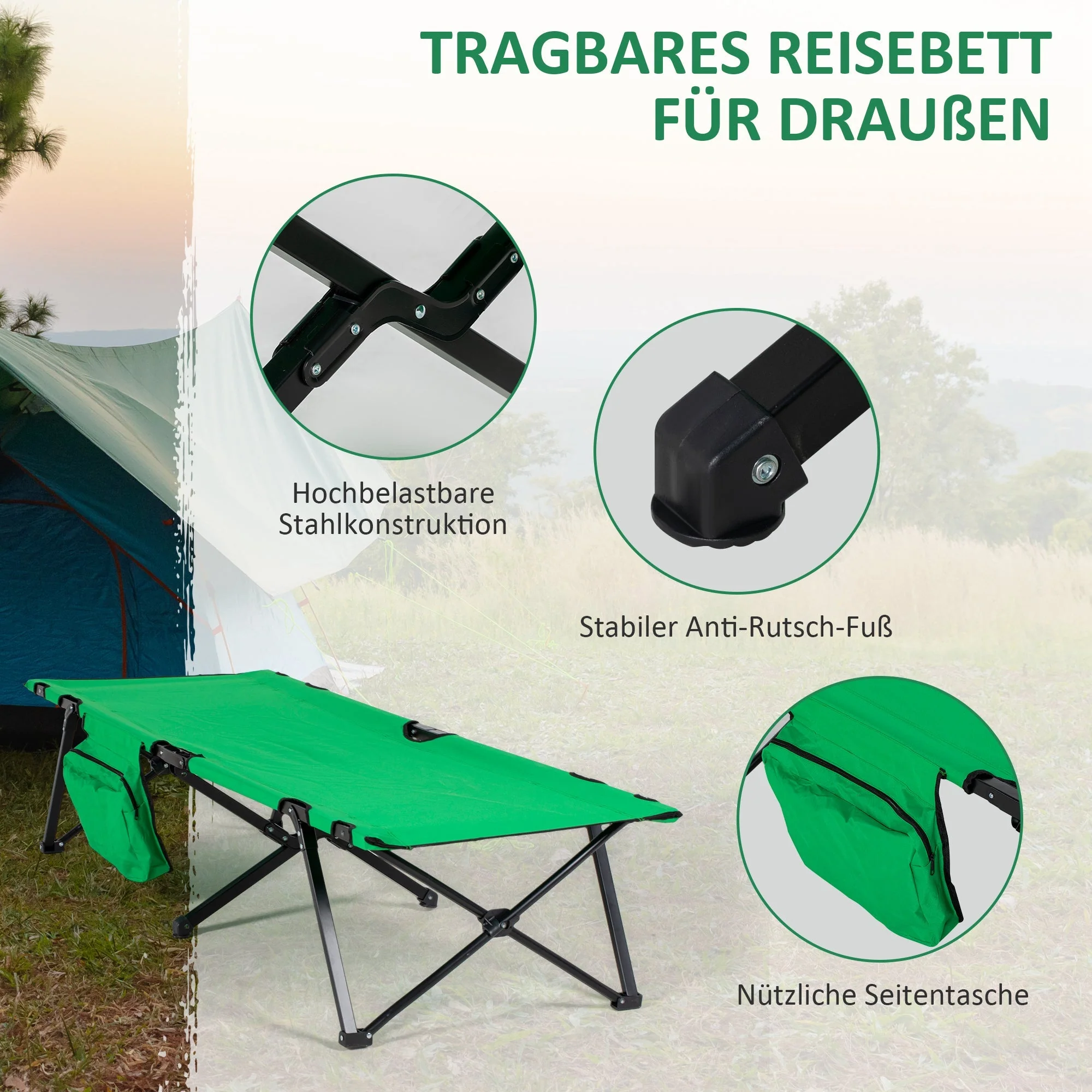 Camping Bed Foldable, 136 kg Load Capacity with Side Pocket, Oxford Green Black - Image 6