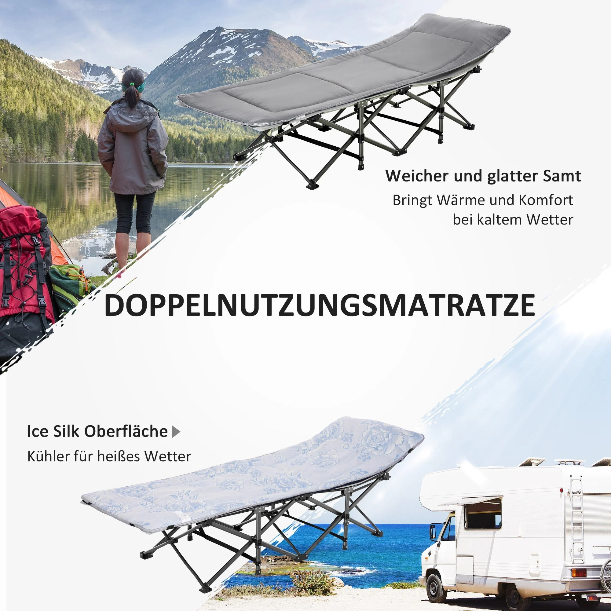 Camping Bed Folding with Pillow, Side Pocket, 150kg, Light Grey - Image 4