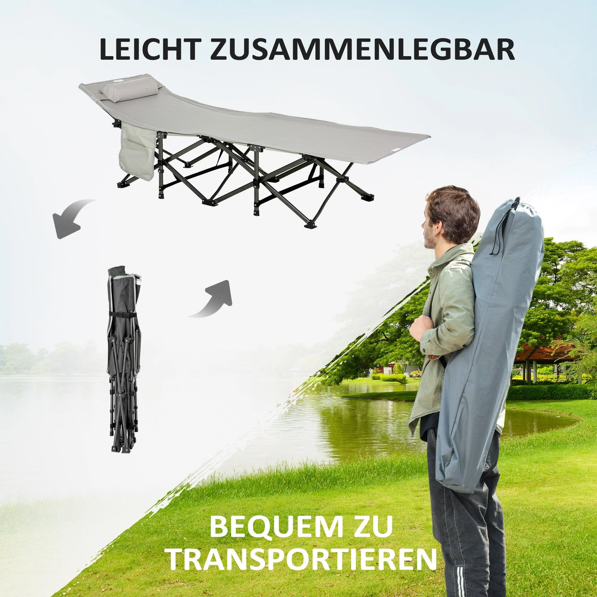 Camping Bed Folding with Pillow, Side Pocket, 150kg, Light Grey - Image 6