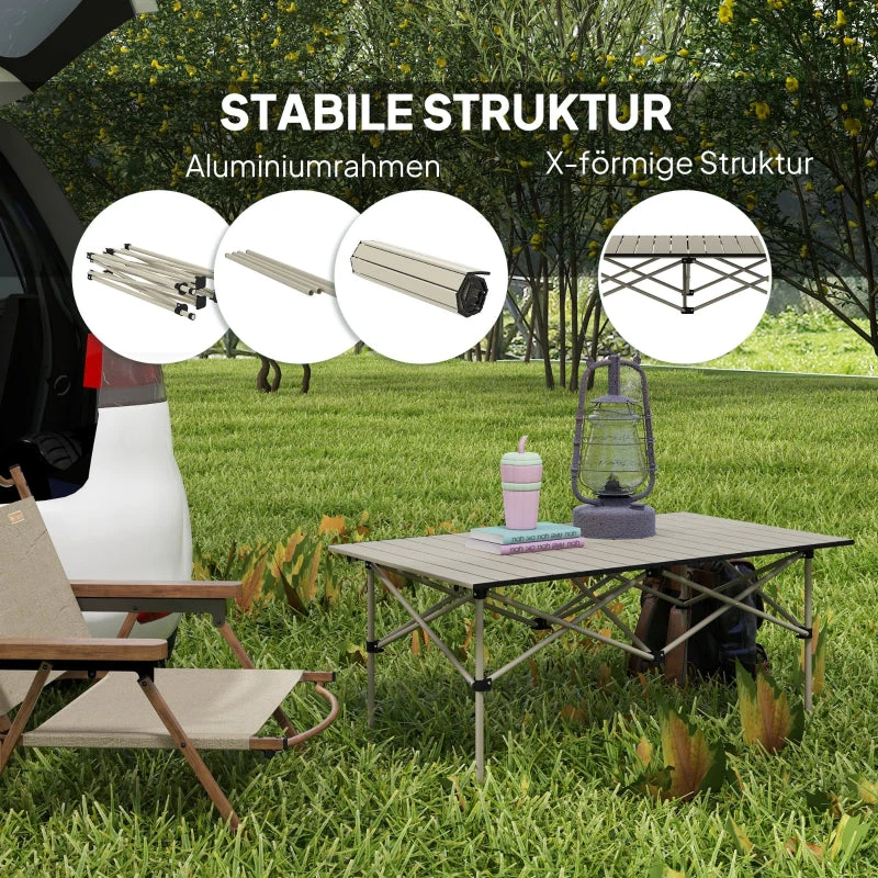 Camping Table Folding Table with Roll-Up Top, X-Frame, Lightweight 2-Person, 95 x 55 cm, Aluminum Khaki - Image 5