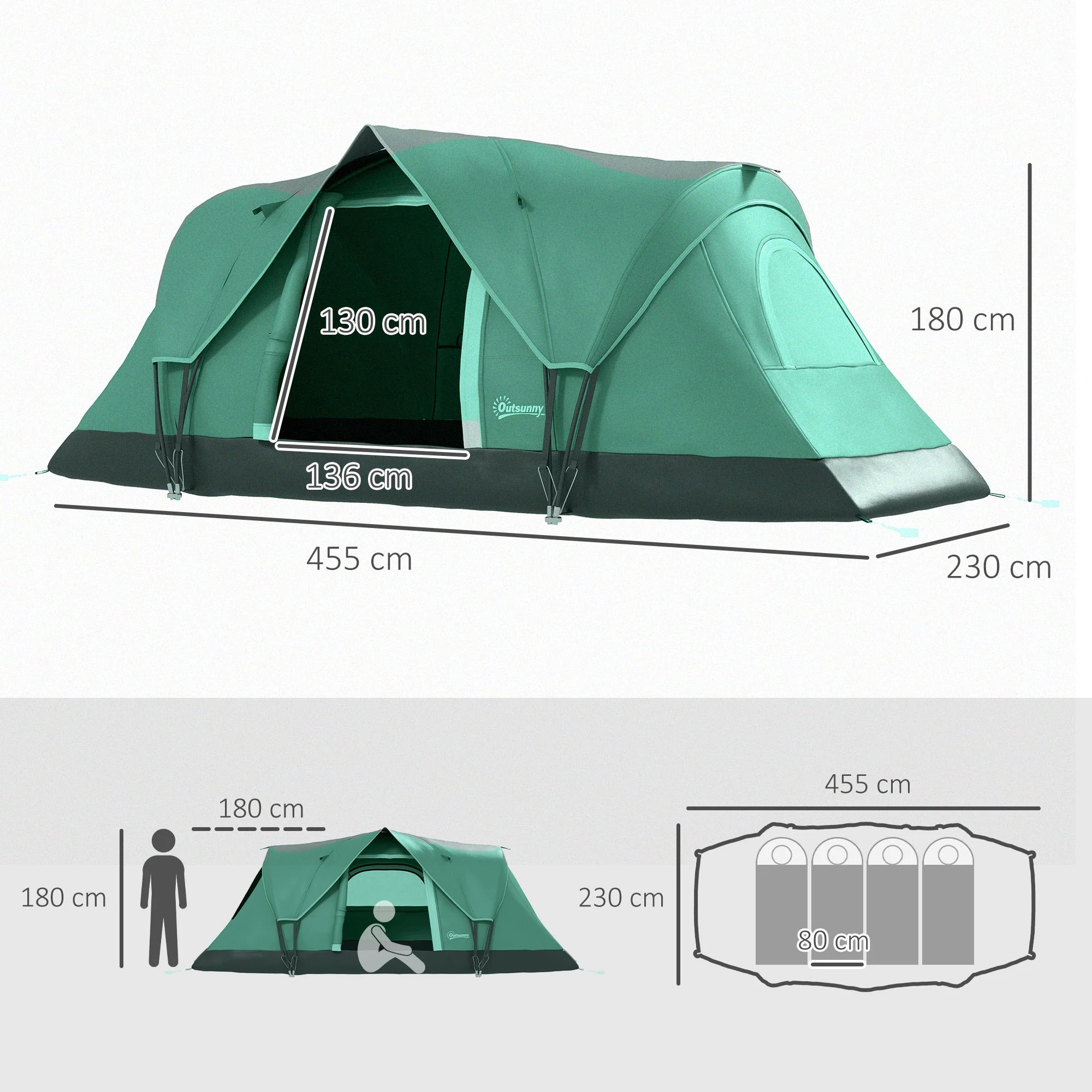 Camping Tent 5-6 Person Tunnel Dome 4.55x2.3x1.8m Polyester Army Green/Black - Image 3