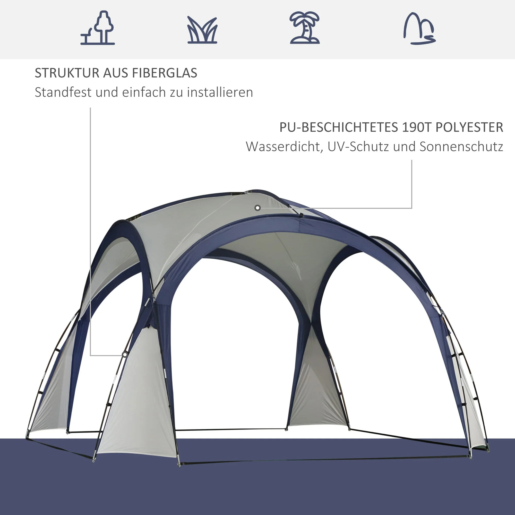 Camping Tent, Sun Protection Weatherproof, Fiberglass Pole + Polyester Cream White + Blue - Image 4