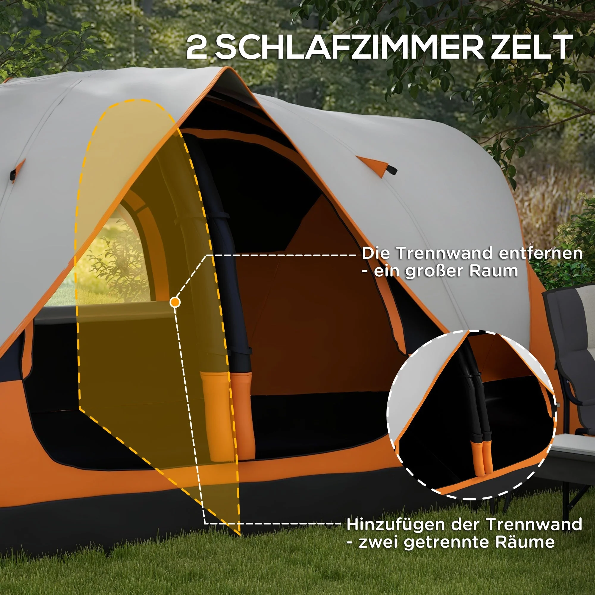 Camping Tent, Tunnel Tent 8-Person 2 Rooms Windproof 2000mm Water-Repellent, Orange - Image 5