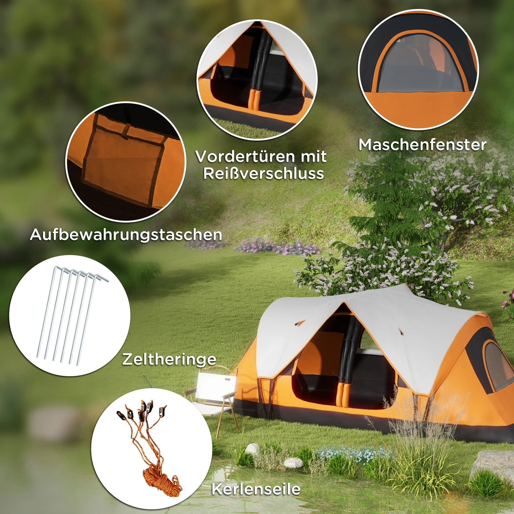 Camping Tent, Tunnel Tent 8-Person 2 Rooms Windproof 2000mm Water-Repellent, Orange - Image 7